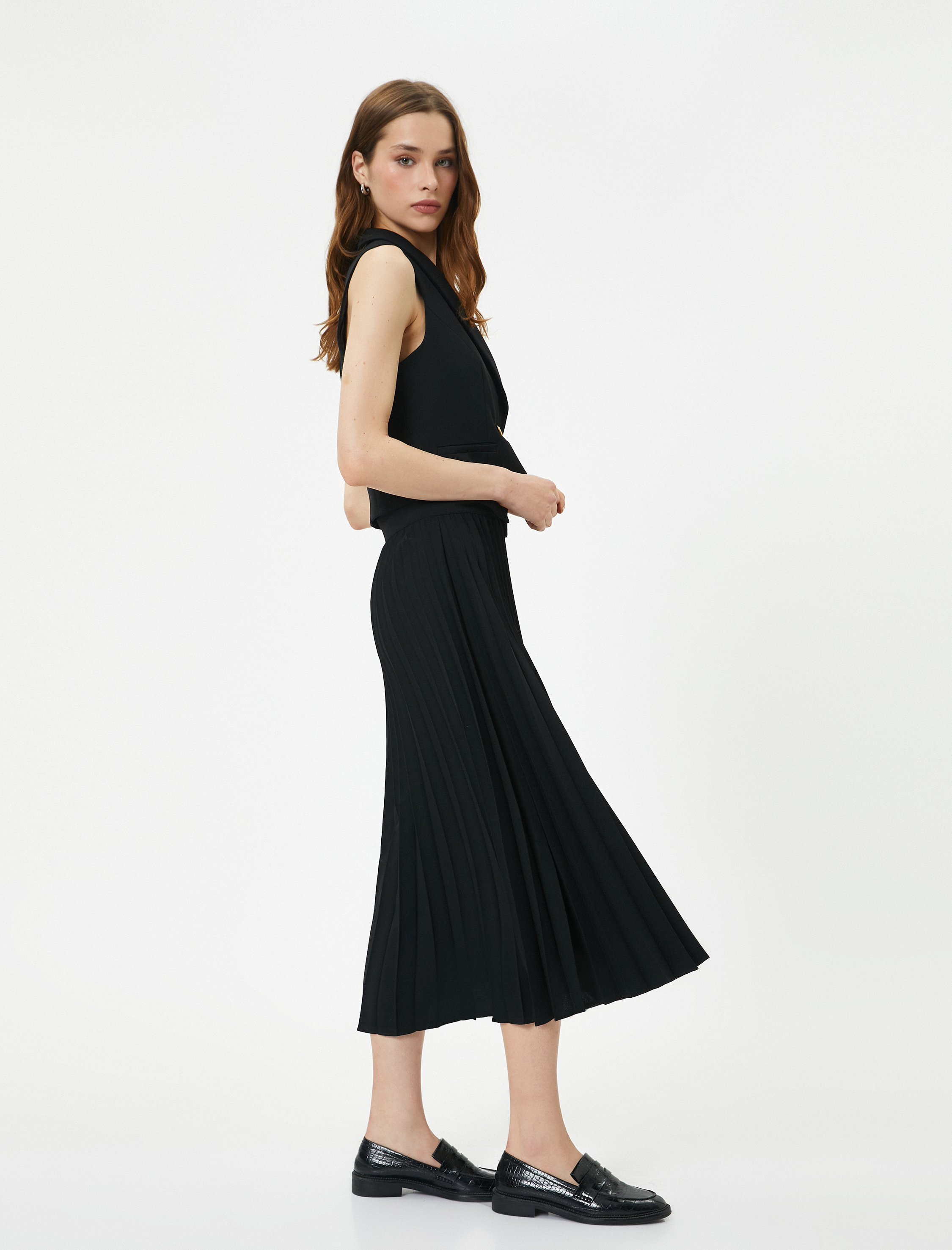   Midi Pileli Etek Normal Bel