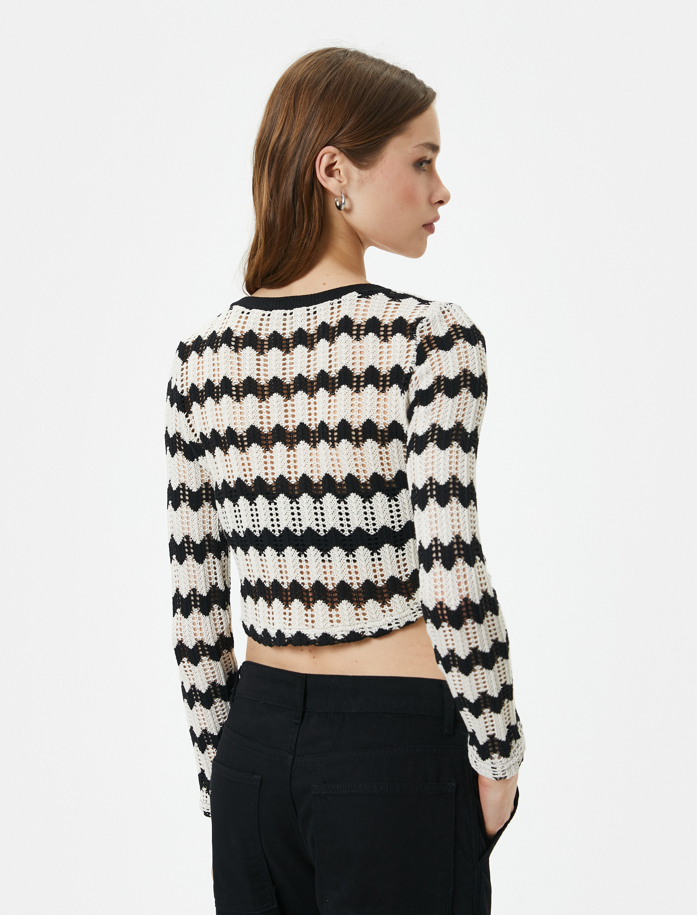   Ajurlu Crop Kazak V Yaka Uzun Kollu