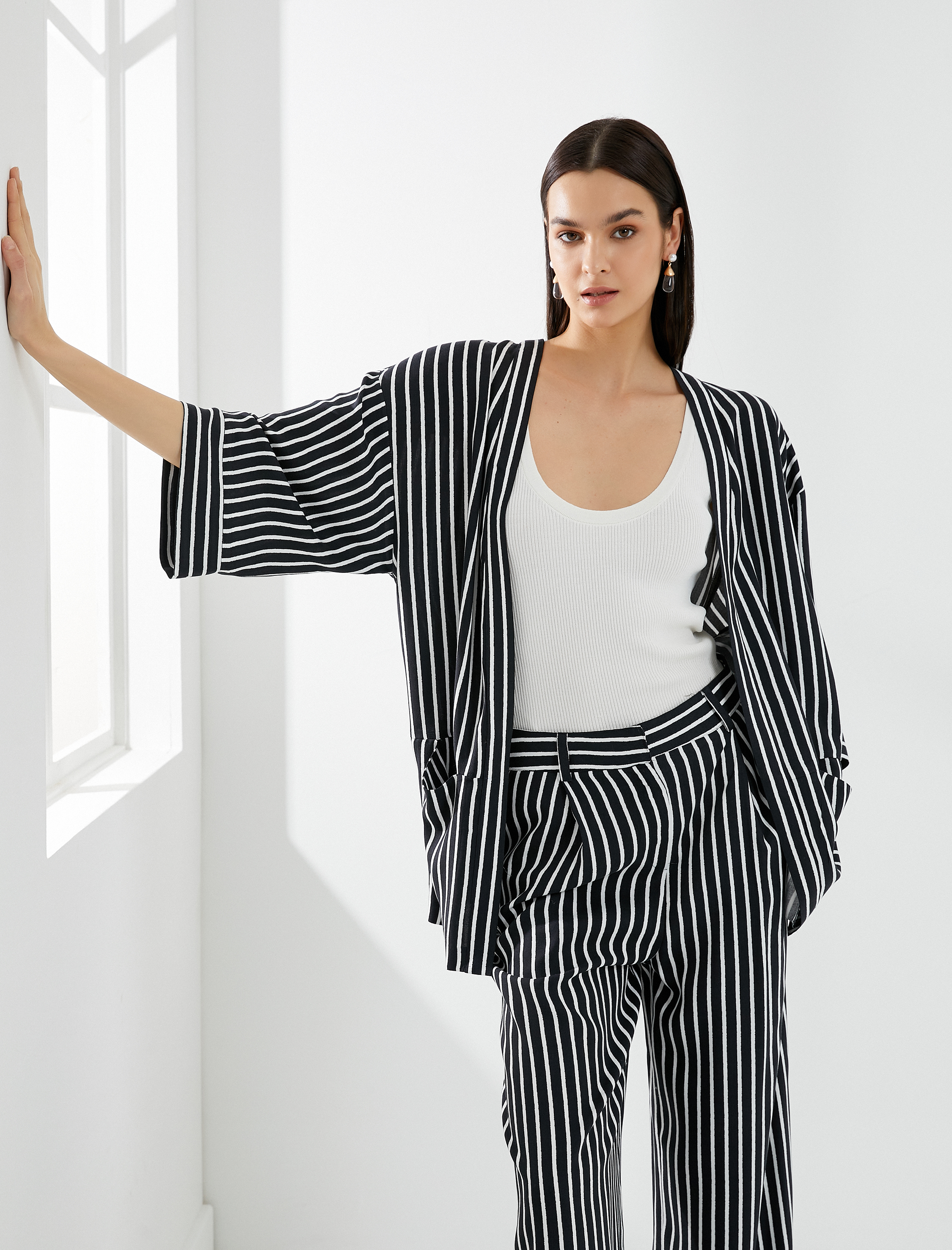   Viskon Kimono Yarım Kollu Cep Detaylı