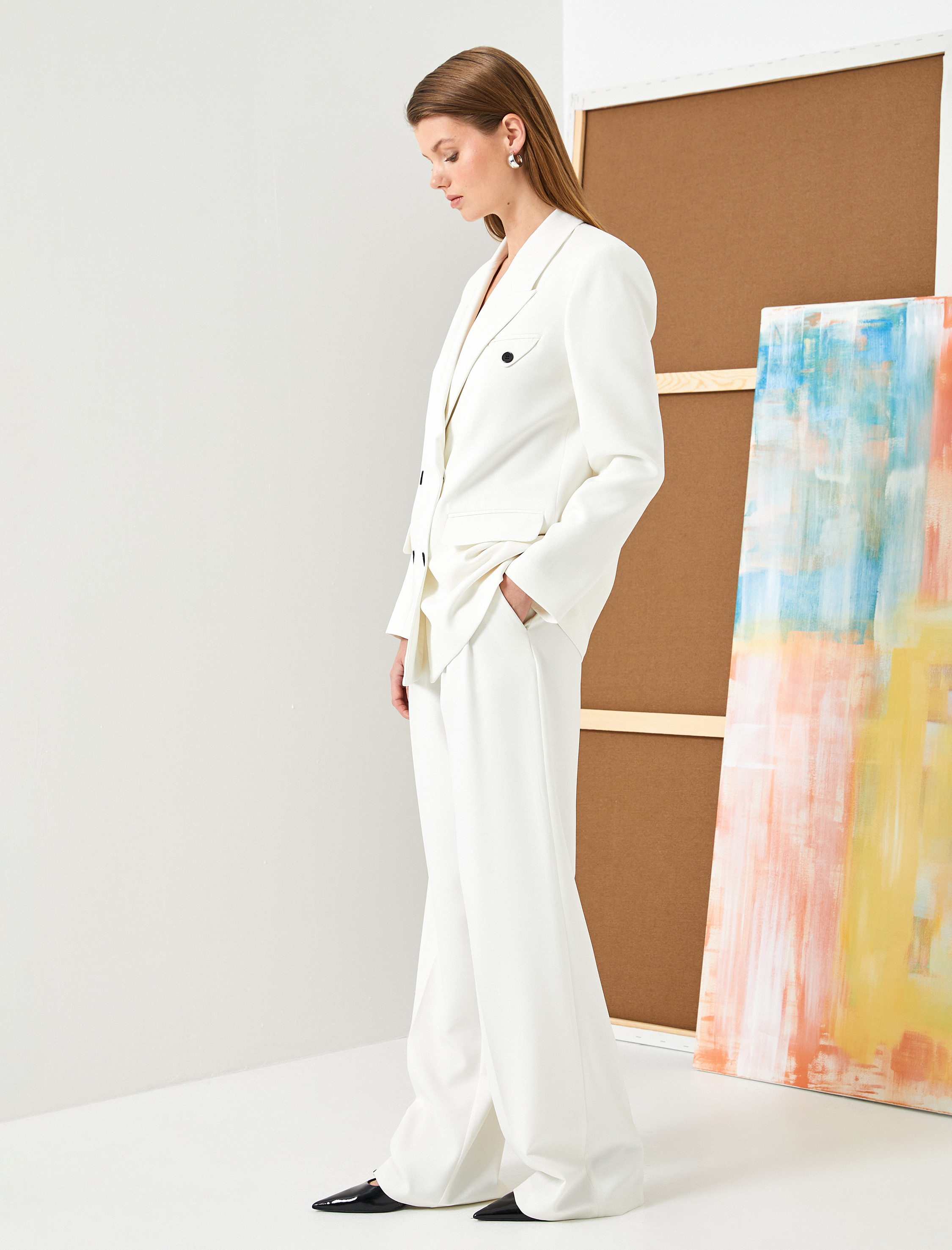   Pileli Palazzo Pantolon Bol Paça Yüksek Bel Cepli Düğmeli