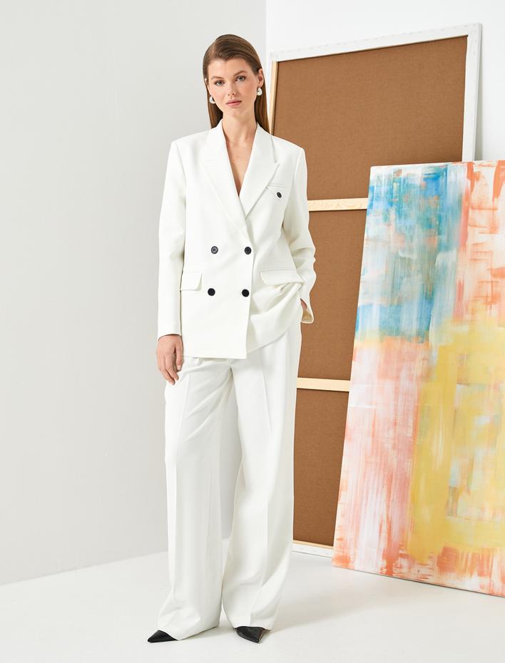  Pileli Palazzo Pantolon Bol Paça Yüksek Bel Cepli Düğmeli