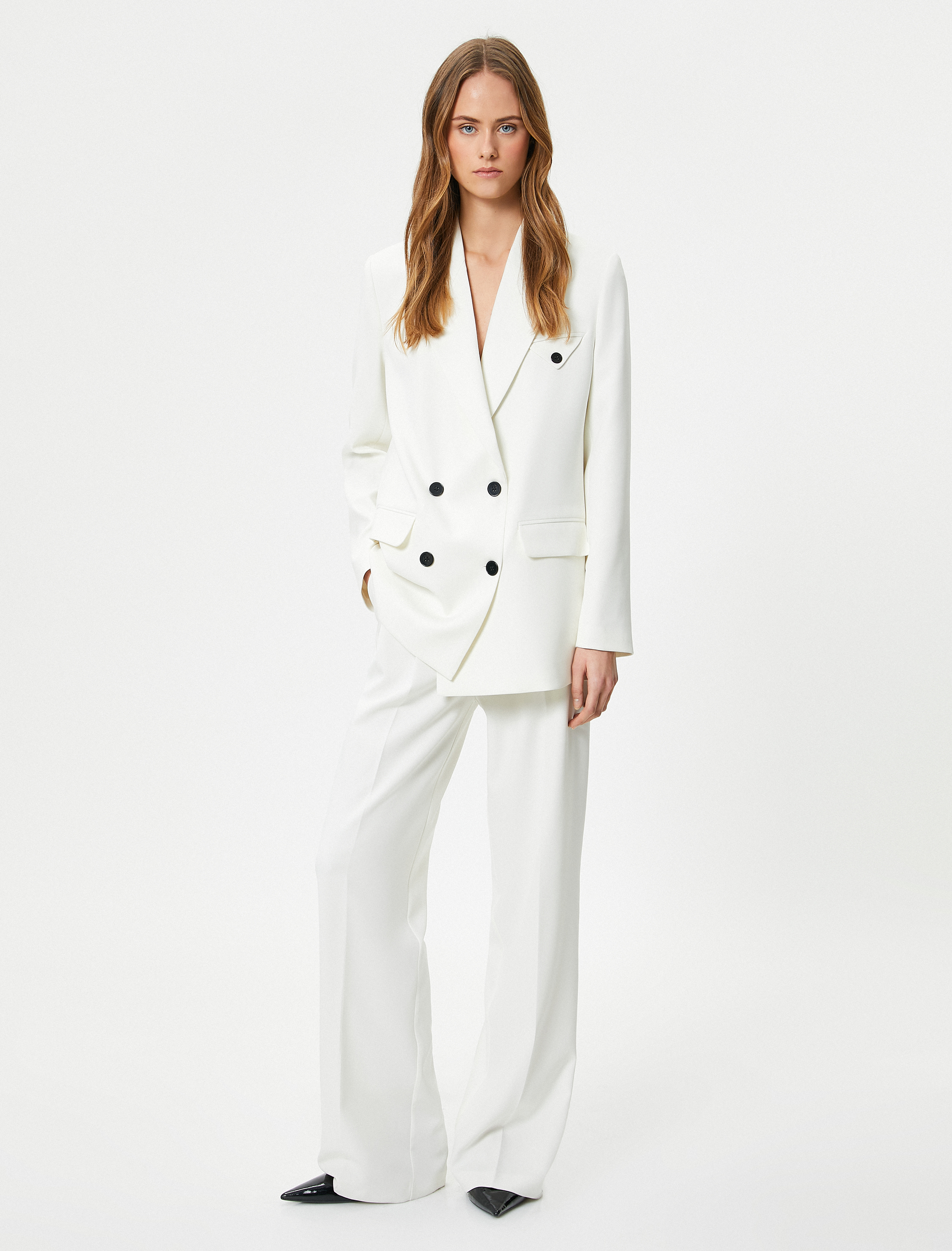   Pileli Palazzo Pantolon Bol Paça Yüksek Bel Cepli Düğmeli