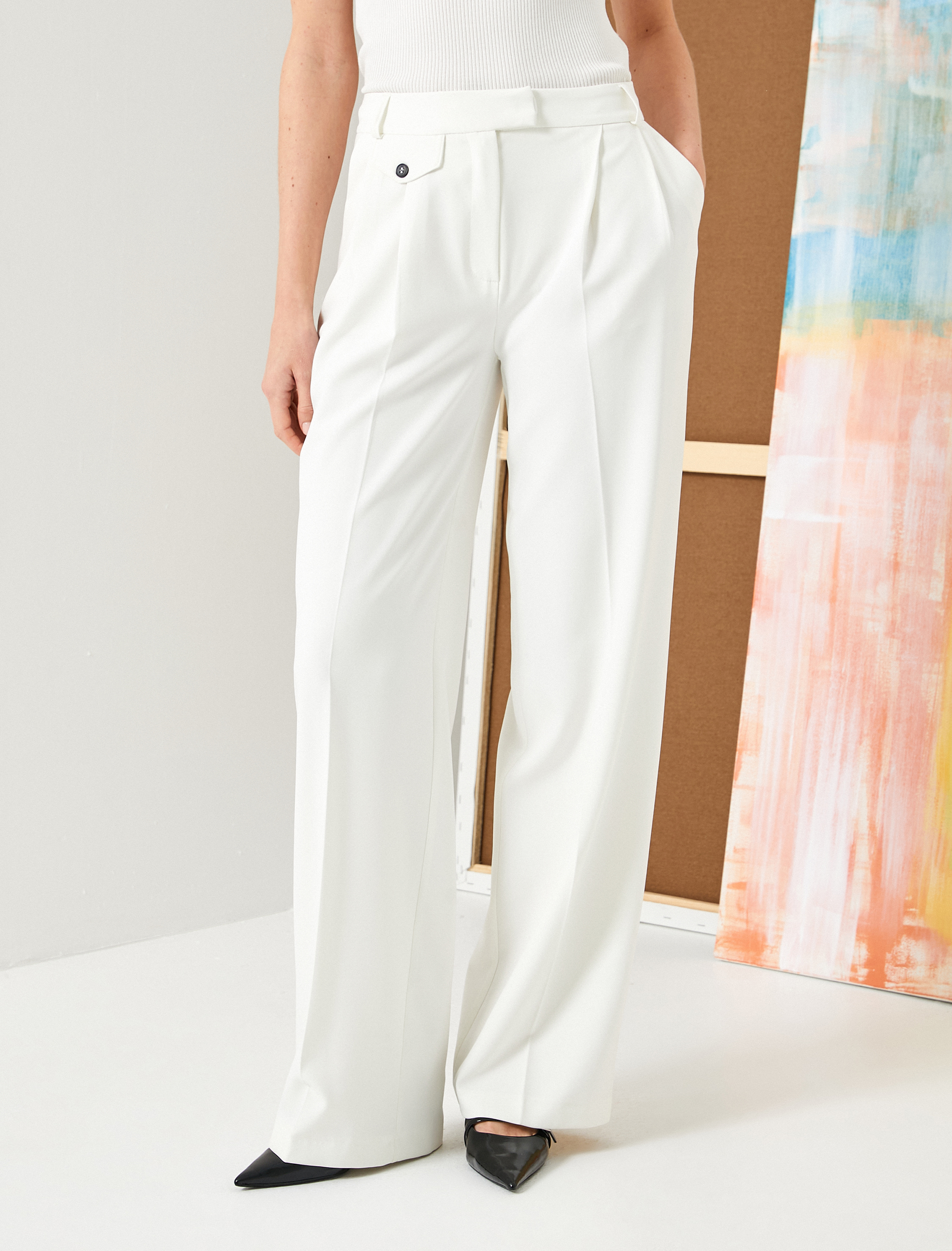   Pileli Palazzo Pantolon Bol Paça Yüksek Bel Cepli Düğmeli