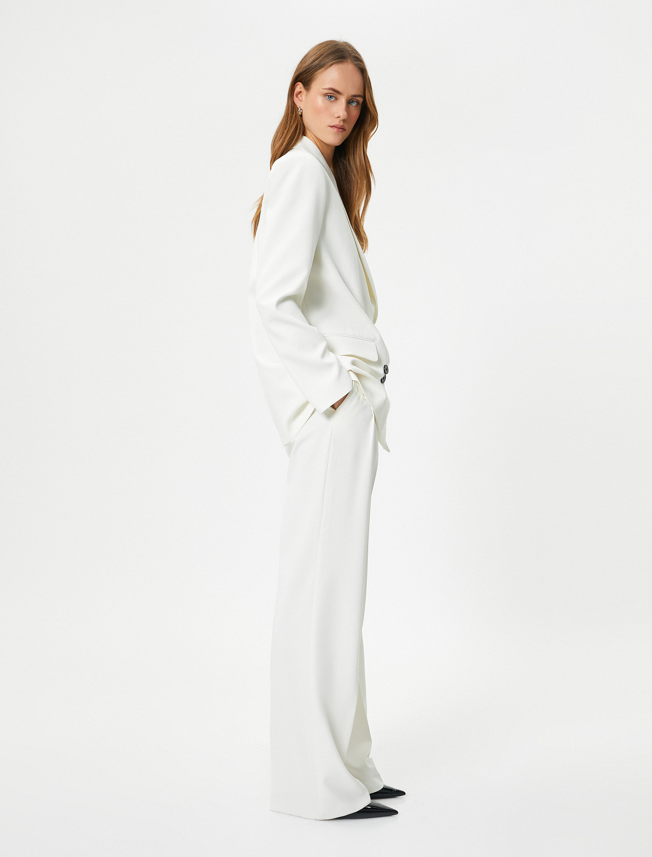   Pileli Palazzo Pantolon Bol Paça Yüksek Bel Cepli Düğmeli