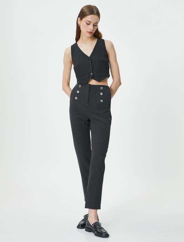  Havuç Pantolon Yüksek Bel Düğme Detaylı Cepli