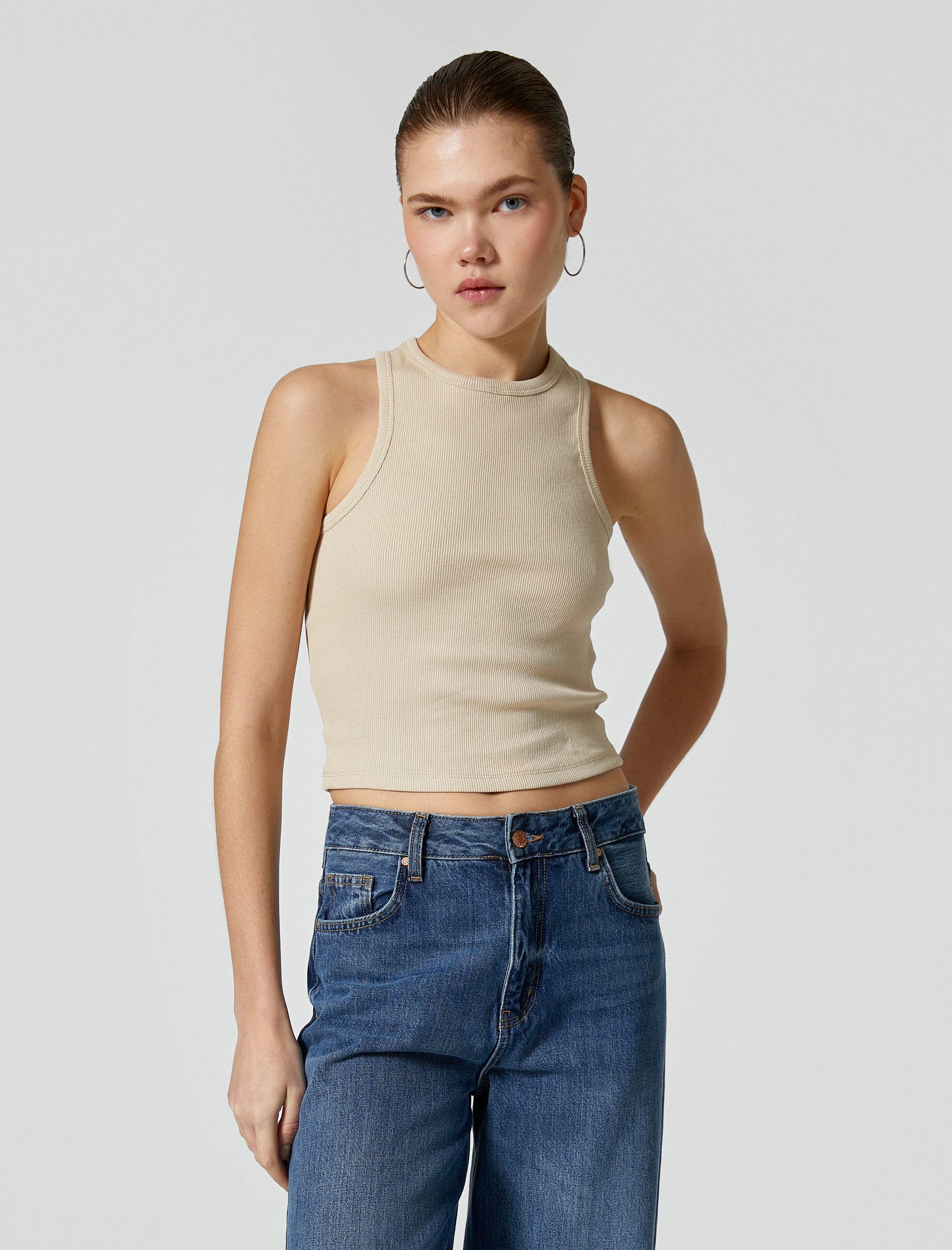   Basic Halter Yaka Atlet Ribanalı Pamuklu