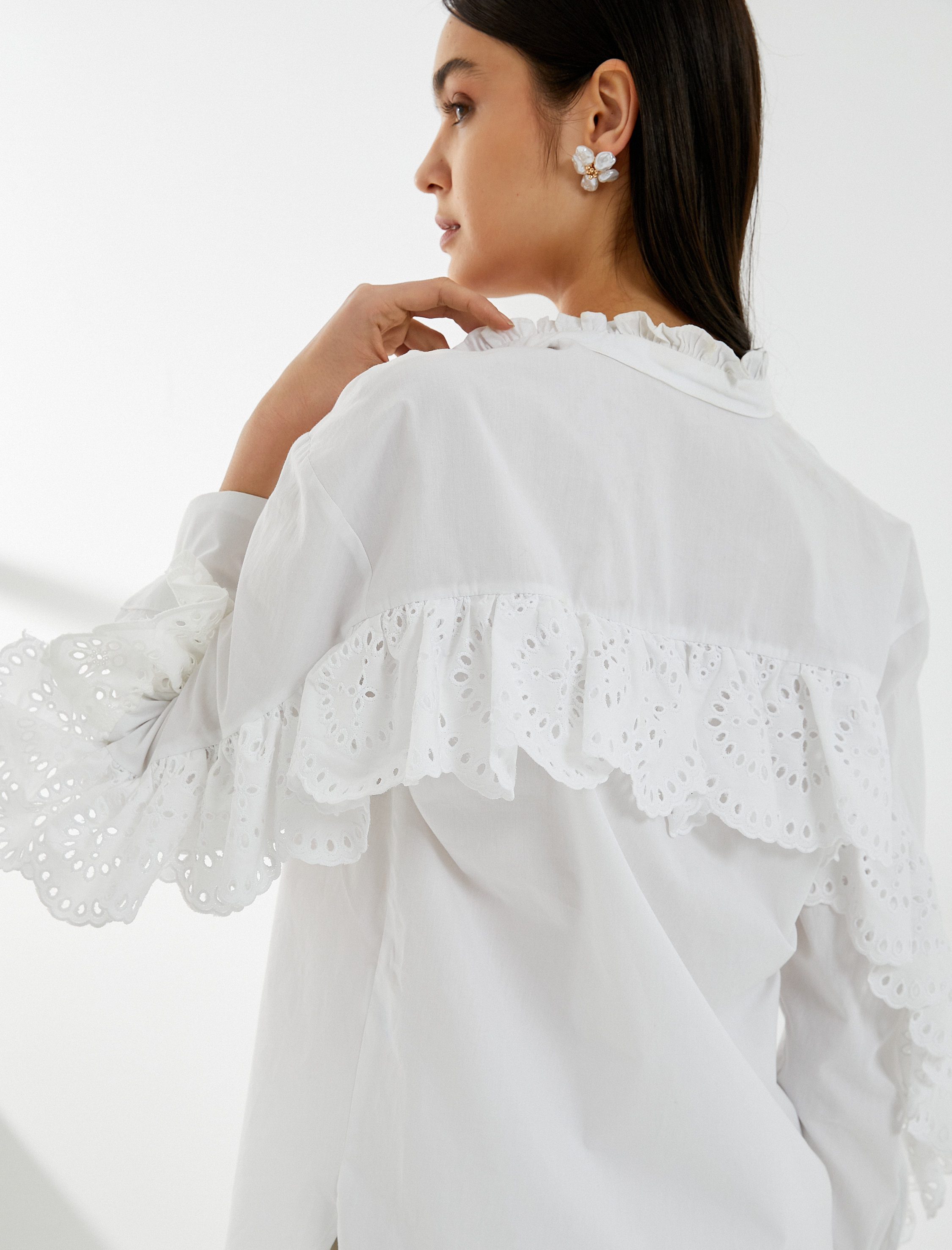   Fisto Gömlek Uzun Kollu Düğmeli Hakim Yaka Fırfırlı Pamuklu