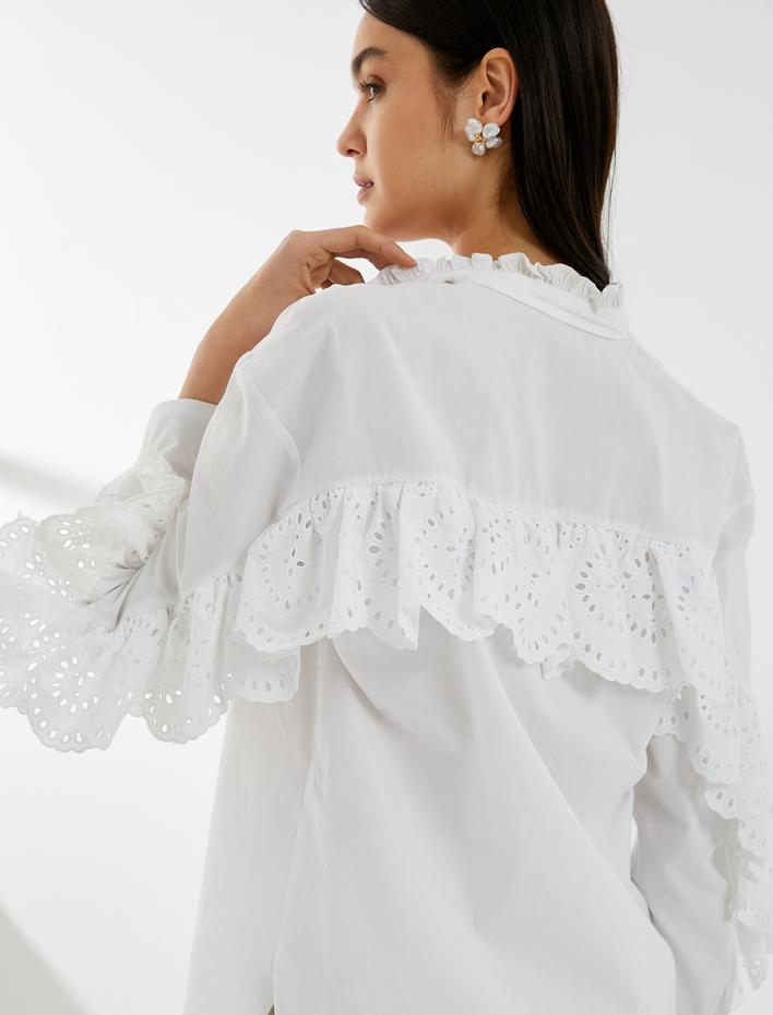  Fisto Gömlek Uzun Kollu Düğmeli Hakim Yaka Fırfırlı Pamuklu