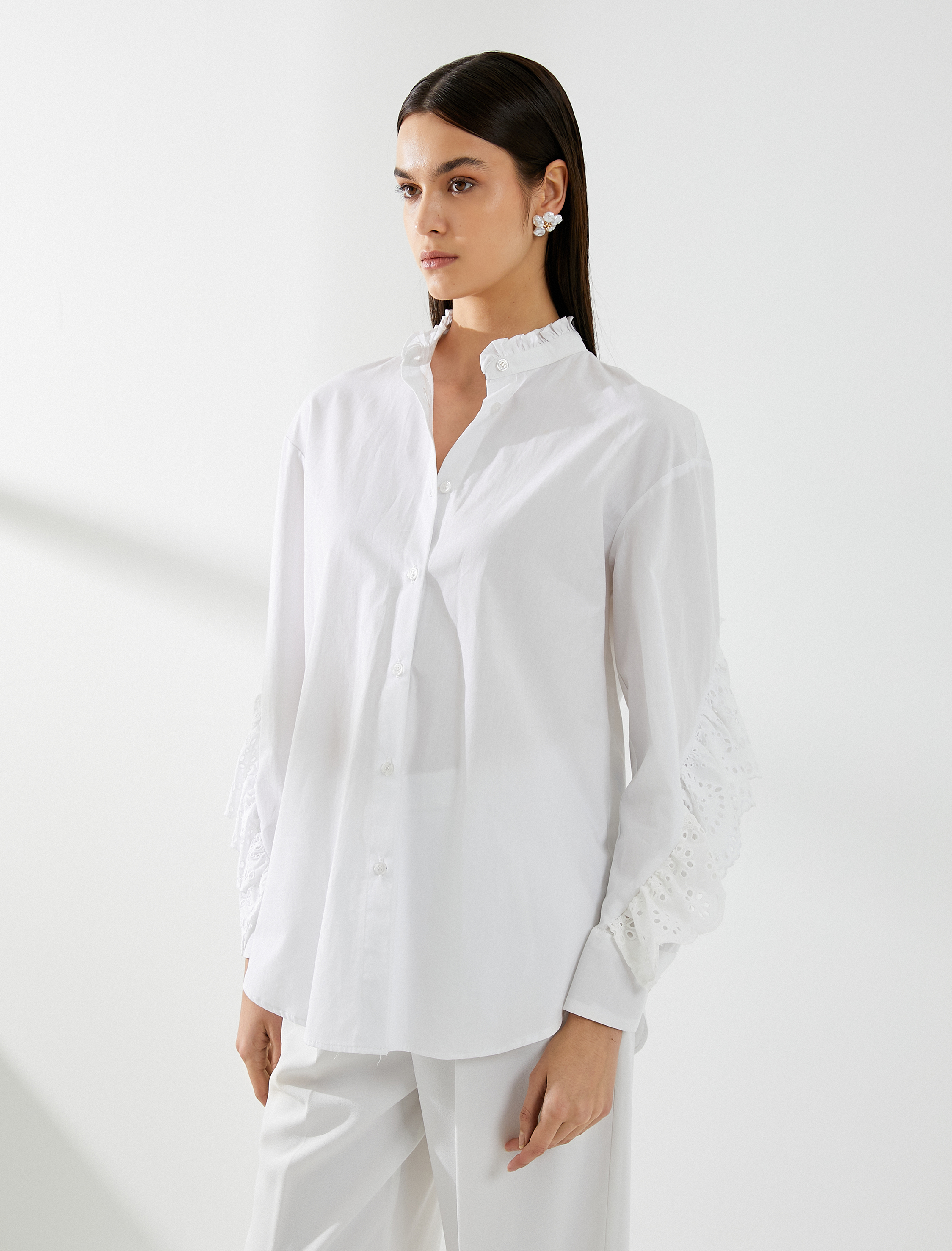   Fisto Gömlek Uzun Kollu Düğmeli Hakim Yaka Fırfırlı Pamuklu