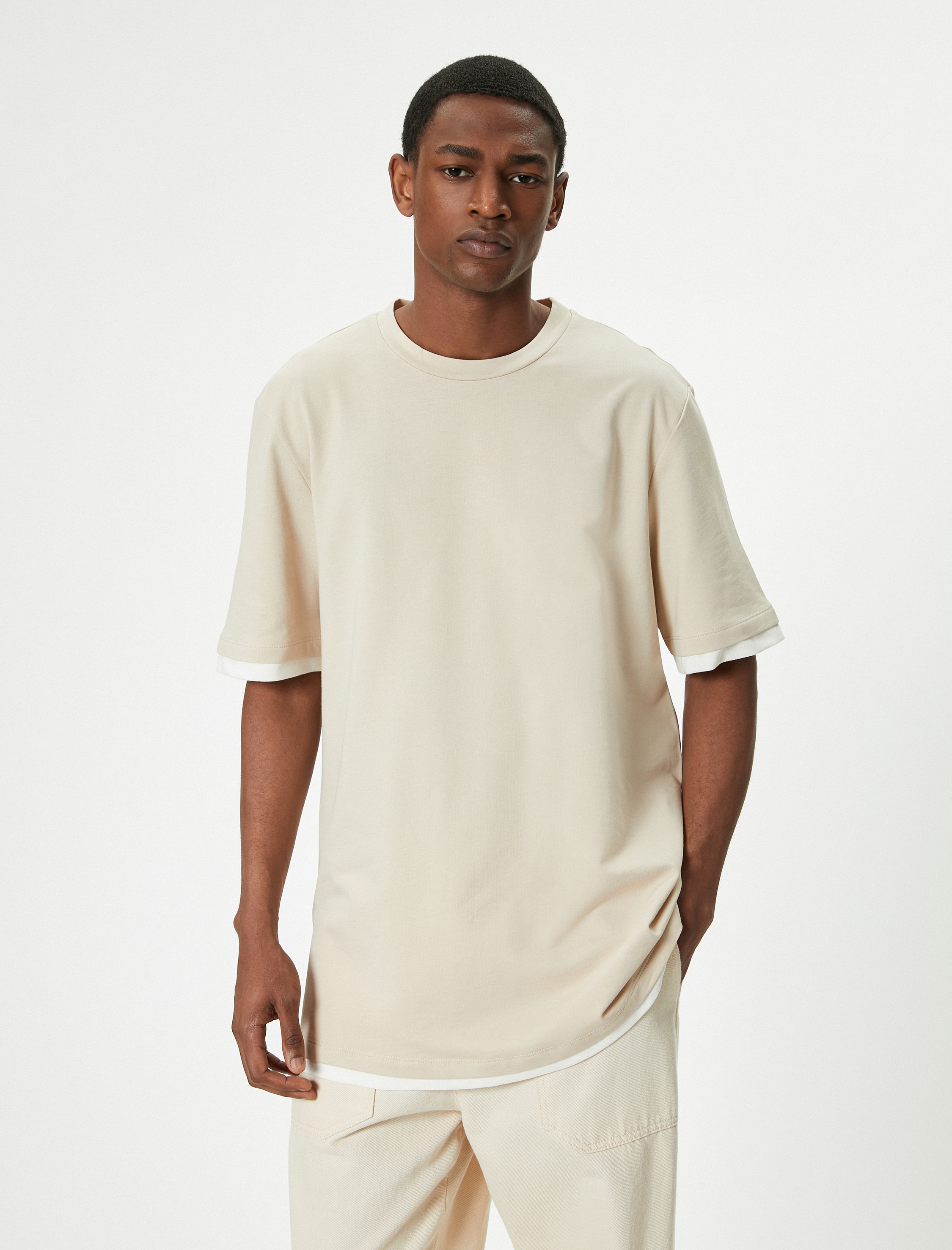   Bisiklet Yaka Tişört Kumaş Detaylı Kısa Kollu Pamuklu