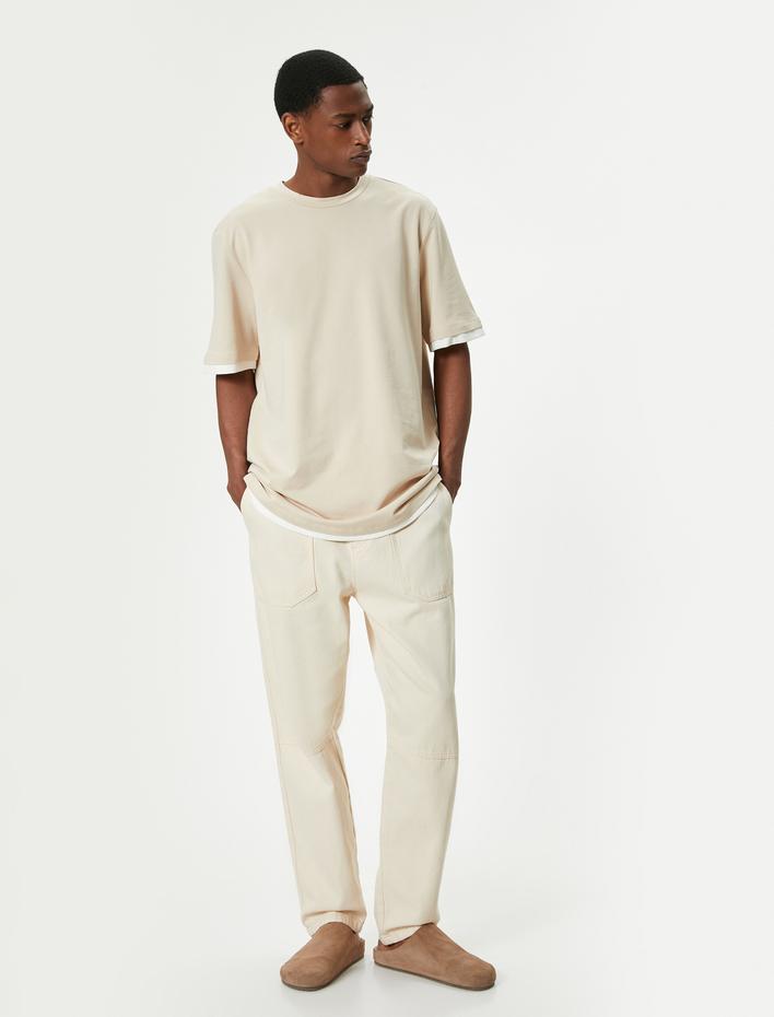  Bisiklet Yaka Tişört Kumaş Detaylı Kısa Kollu Pamuklu