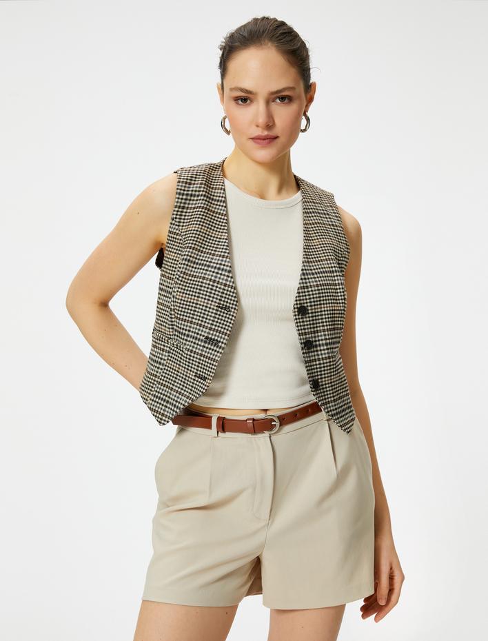  Mini Şort Yüksek Bel Kemer Detaylı Düğmeli Cepli