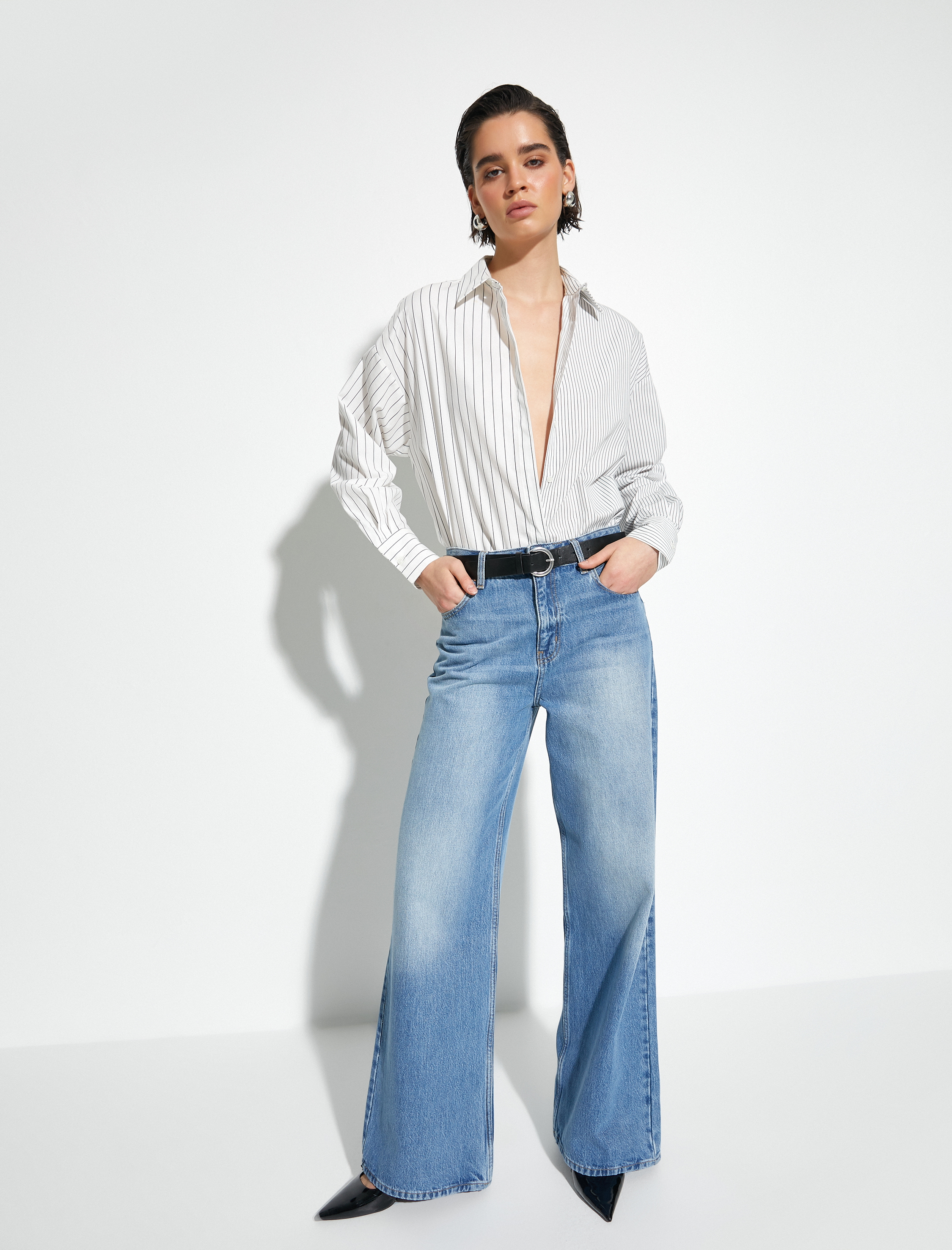   Uzun Kollu Poplin Gömlek Rahat Kesim Düğmeli Pamuklu