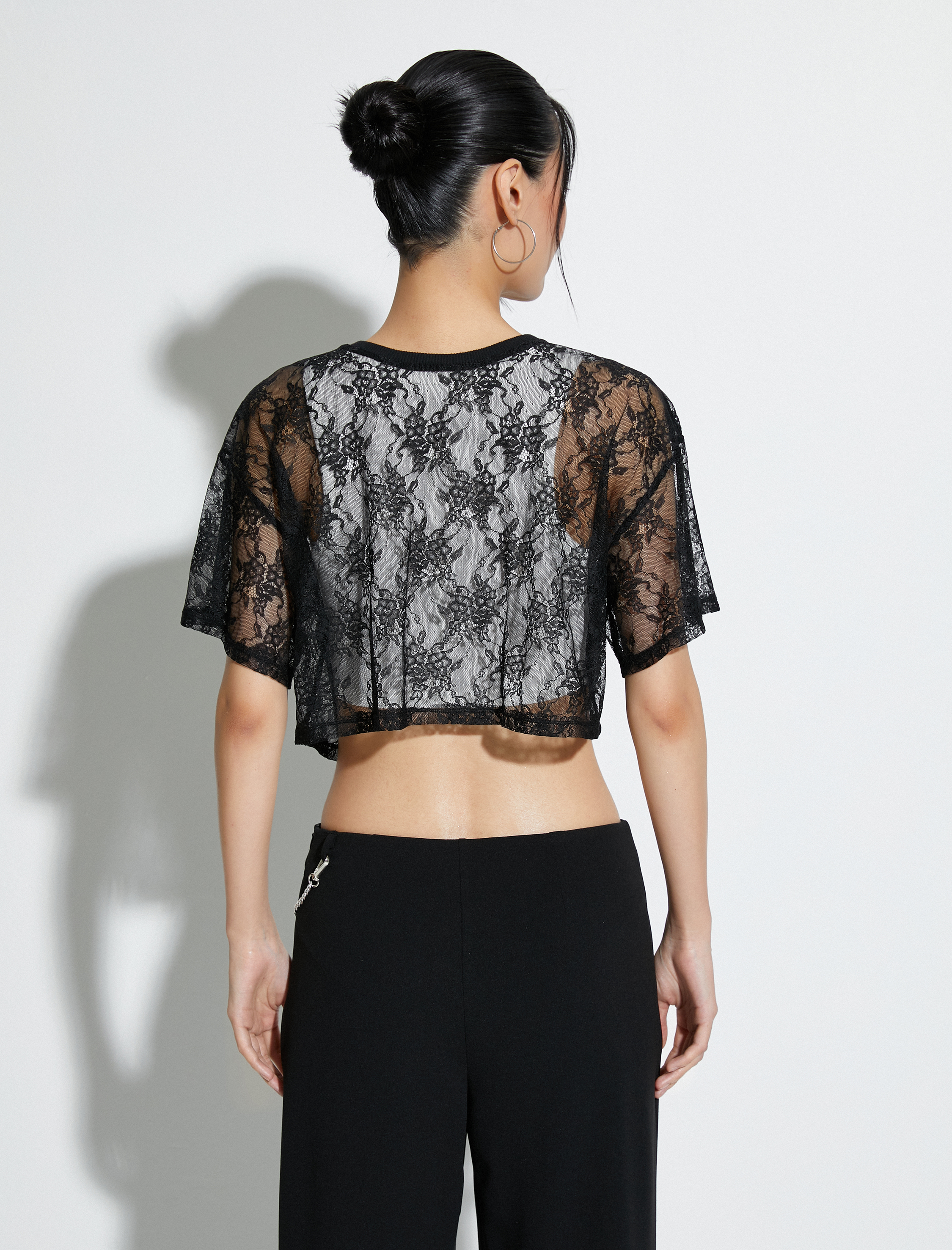 Crop Dantelli Tişört Kısa Kollu Bisiklet Yaka