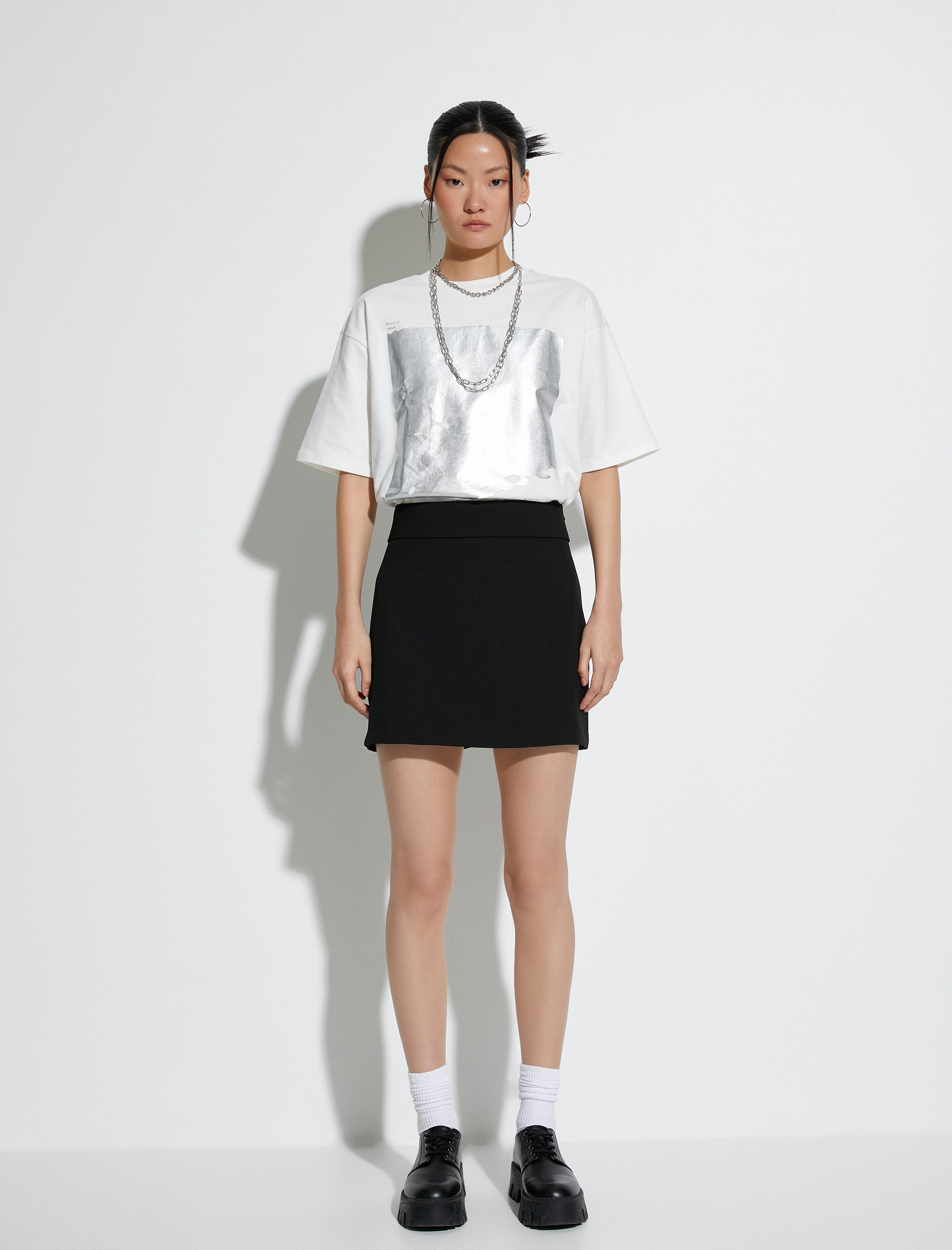   Metalik Baskılı Tişört Kısa Kollu Bisiklet Yaka