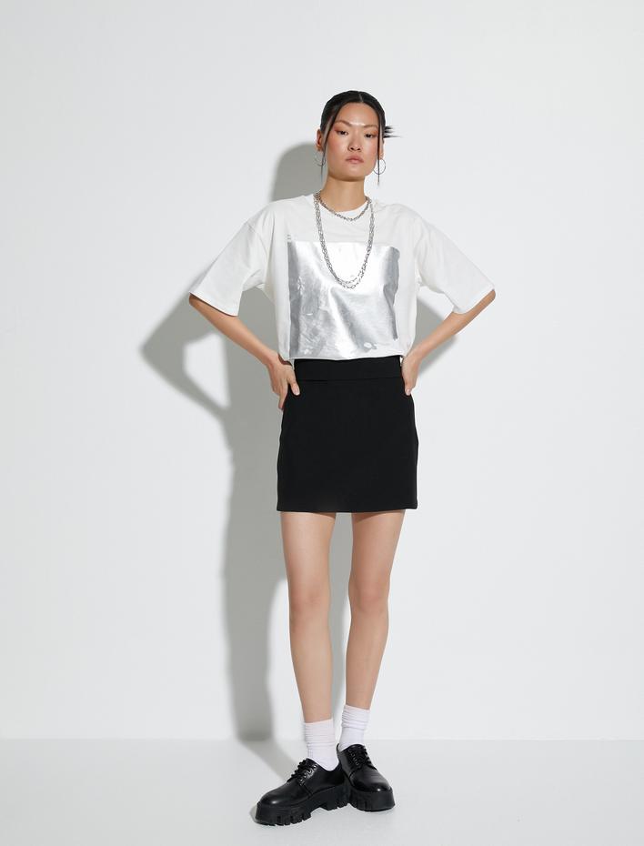  Metalik Baskılı Tişört Kısa Kollu Bisiklet Yaka