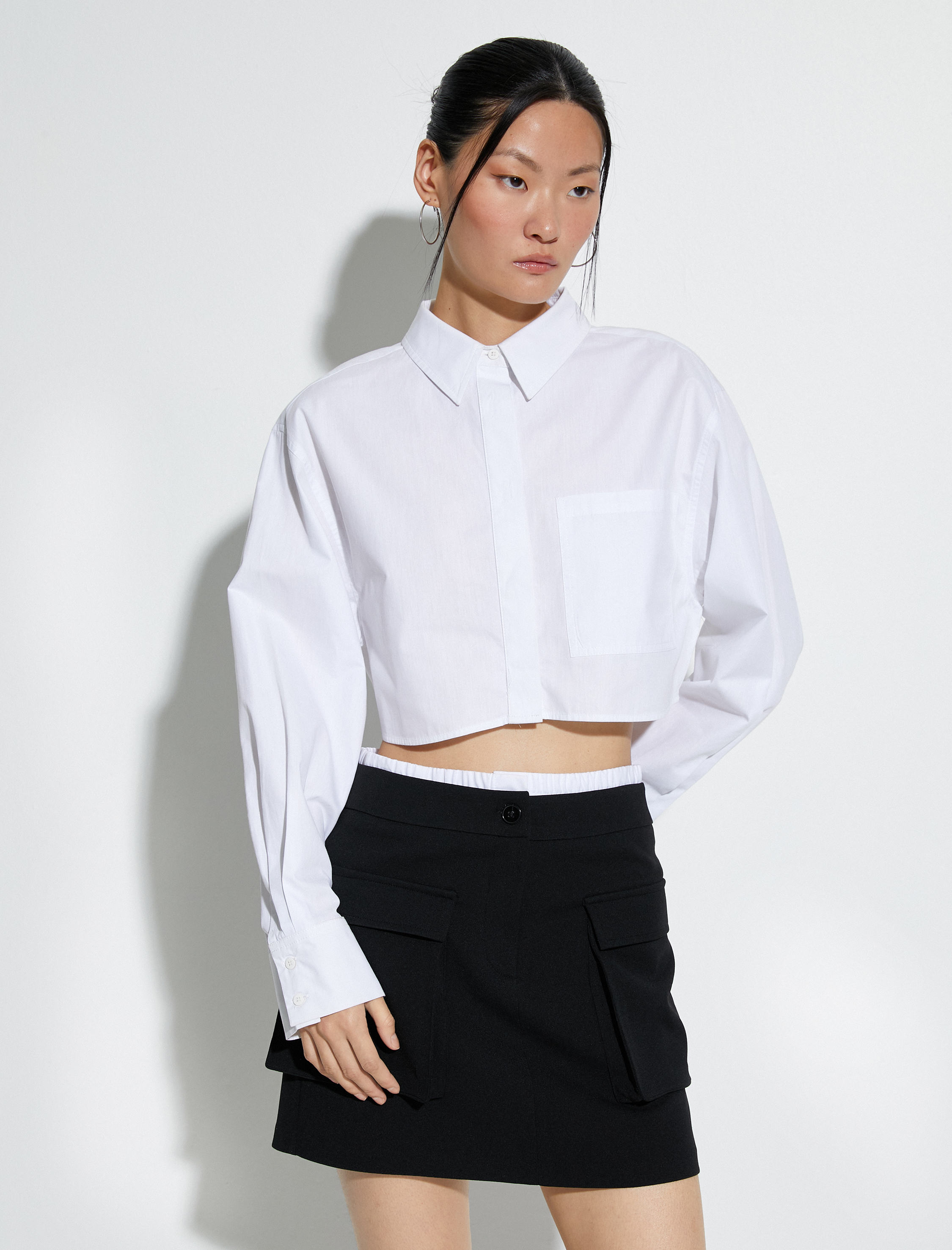   Crop Poplin Gömlek Uzun Kollu Rahat Kesim Düğmeli Cep Detaylı