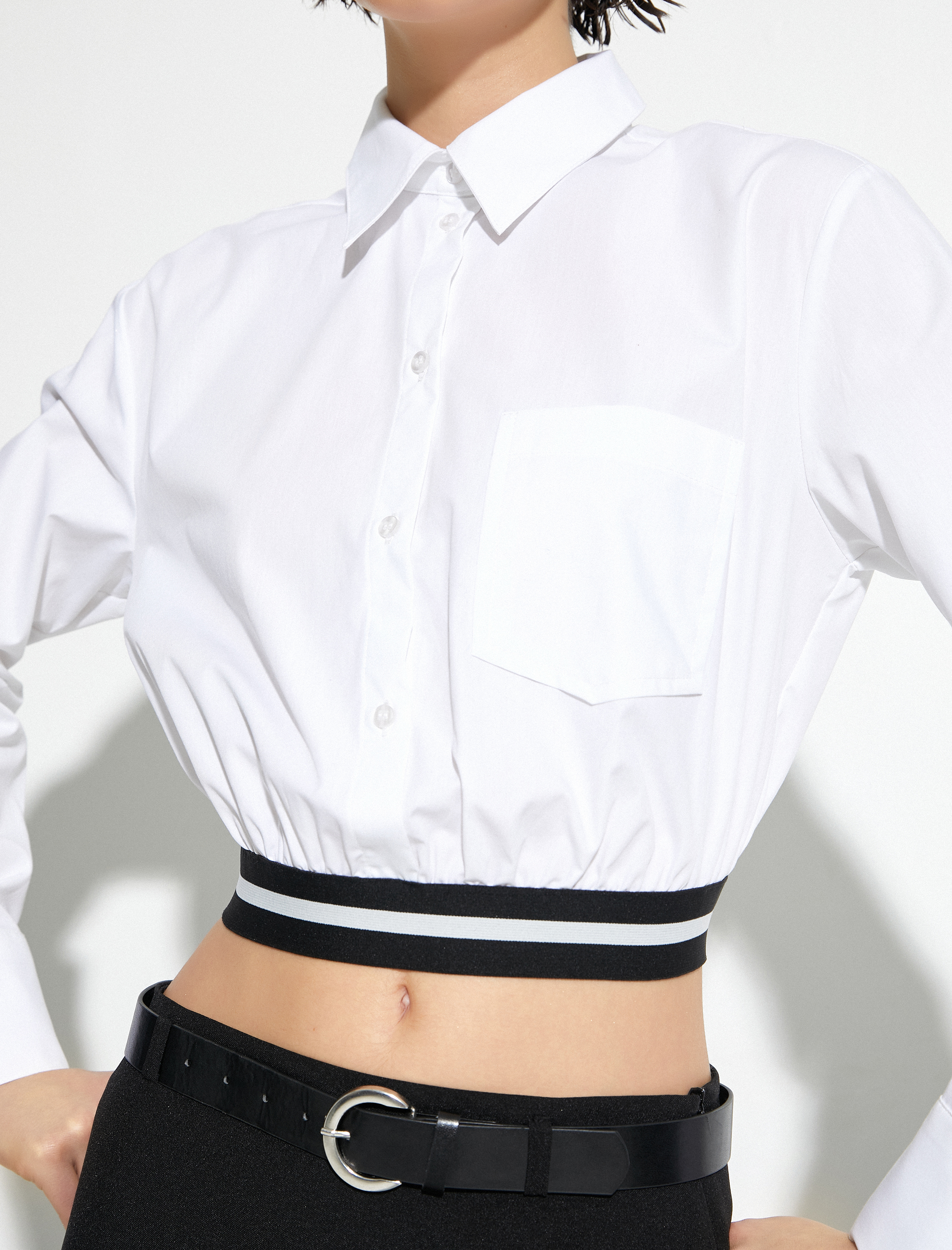   Crop Poplin Gömlek Uzun Kollu Bel Detaylı Düğmeli Cepli Pamuklu