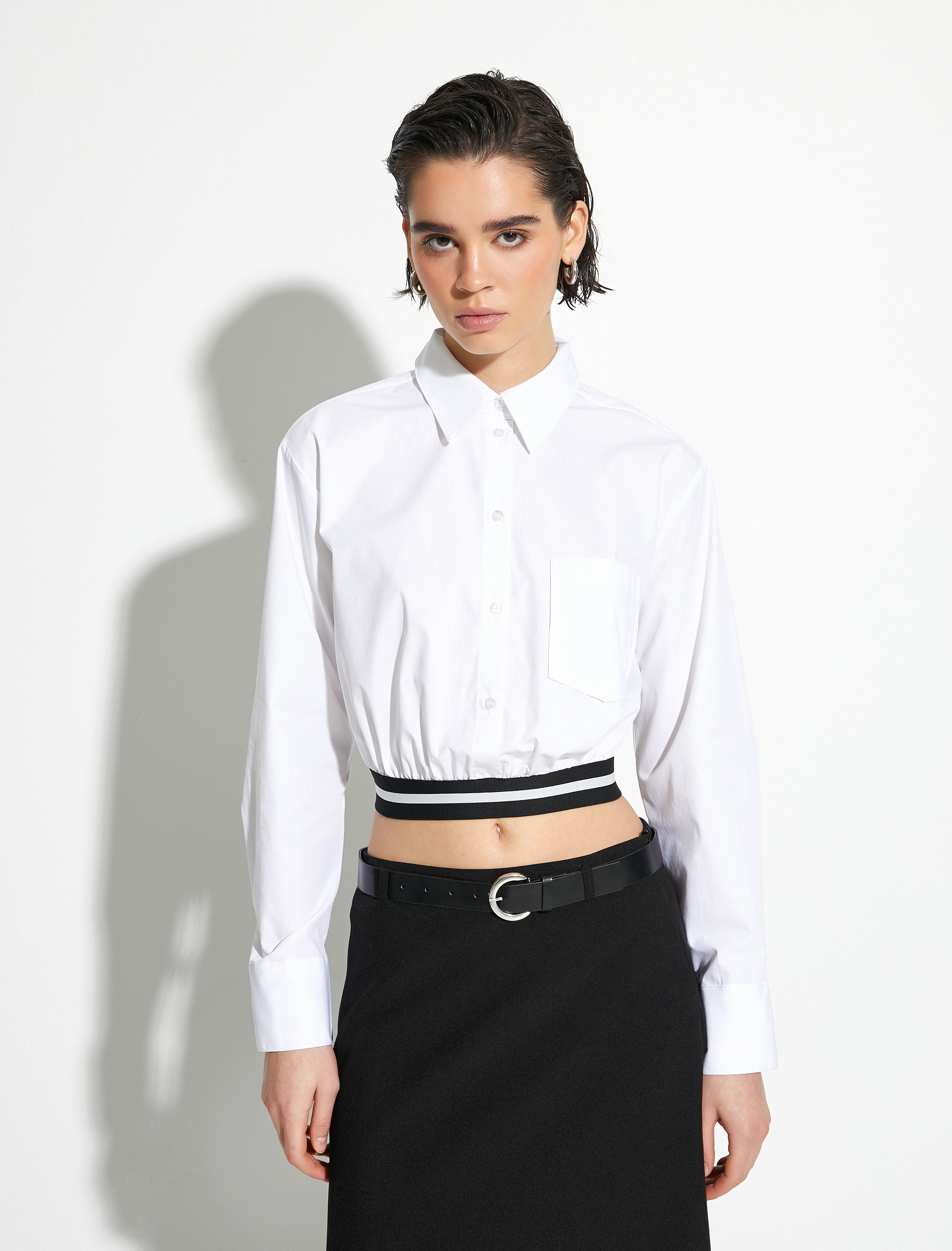   Crop Poplin Gömlek Uzun Kollu Bel Detaylı Düğmeli Cepli Pamuklu