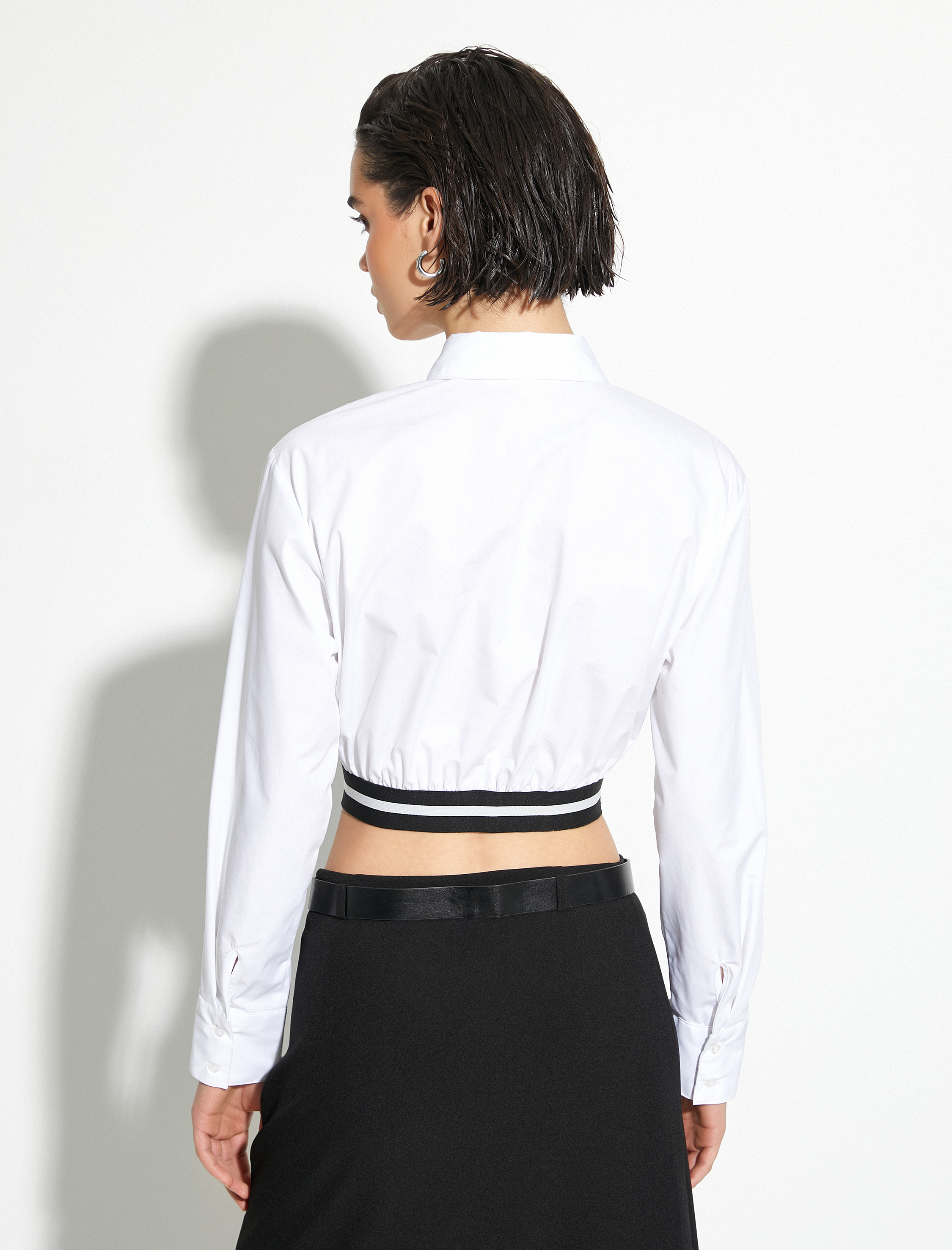   Crop Poplin Gömlek Uzun Kollu Bel Detaylı Düğmeli Cepli Pamuklu