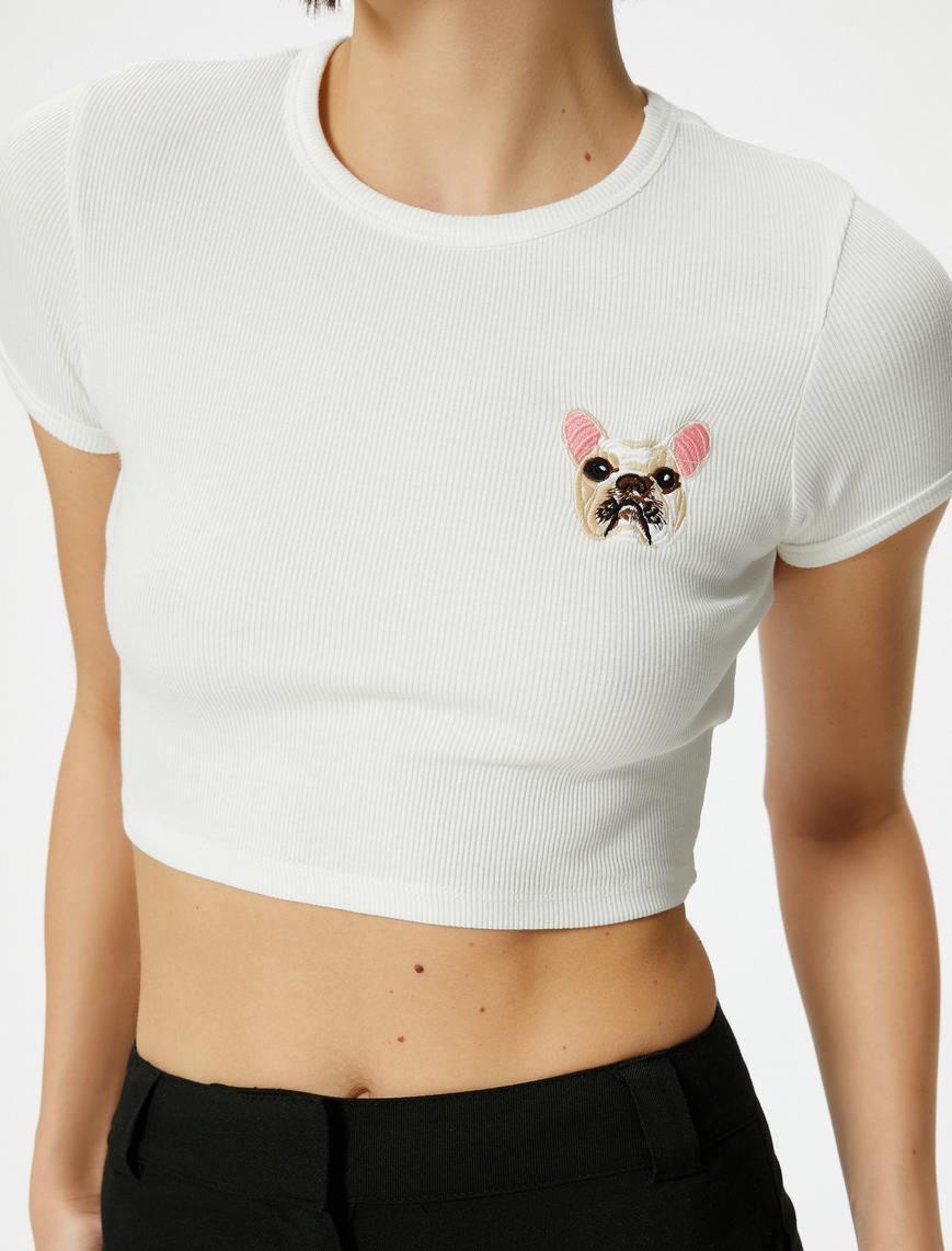   Kısa Kollu Tişört Crop Köpek Baskılı Bisiklet Yaka Pamuklu Slim Fit