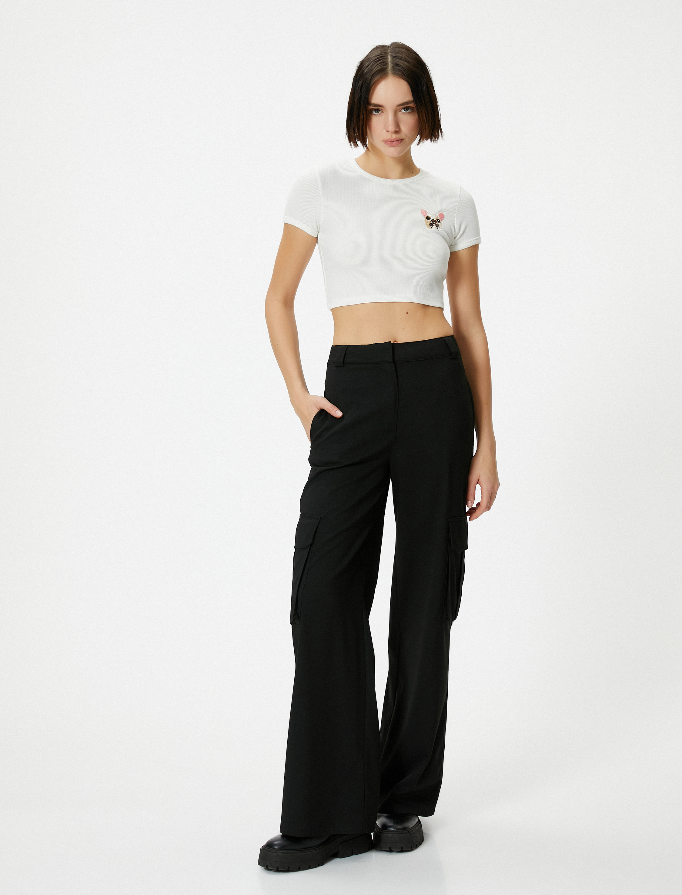   Kısa Kollu Tişört Crop Köpek Baskılı Bisiklet Yaka Pamuklu Slim Fit