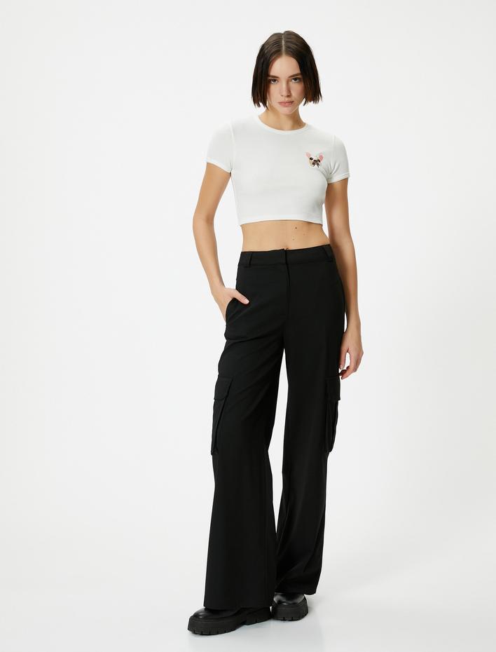  Kısa Kollu Tişört Crop Köpek Baskılı Bisiklet Yaka Pamuklu Slim Fit