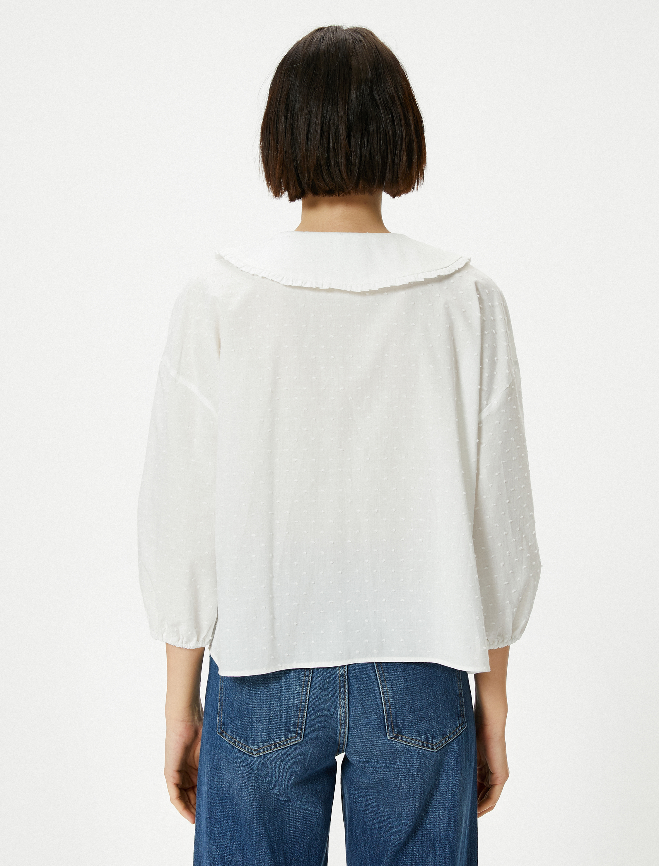   Geniş Bebe Yaka Gömlek Uzun Kollu Dokulu Pamuklu