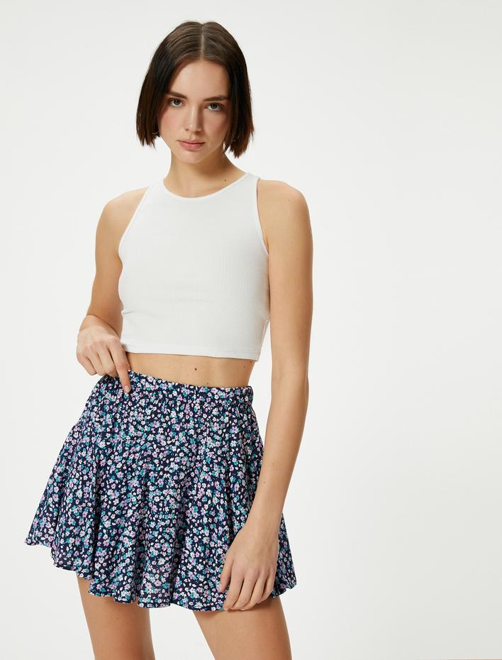  Çiçekli Mini Şort Etek Viskoz Kumaş Rahat Kalıp