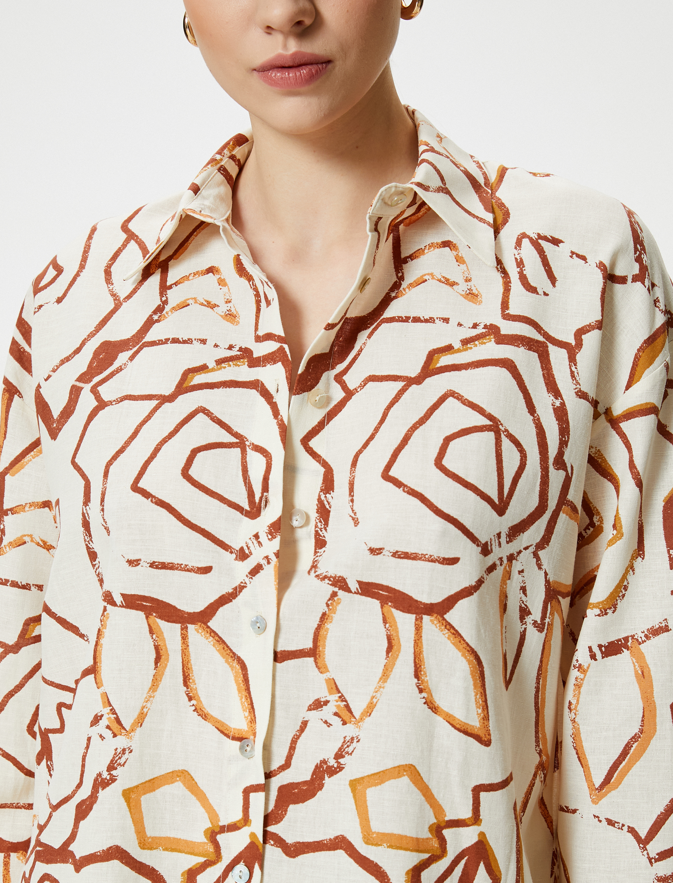 Uzun Kollu Gömlek Keten Pamuk Karışımlı Desenli Düğmeli