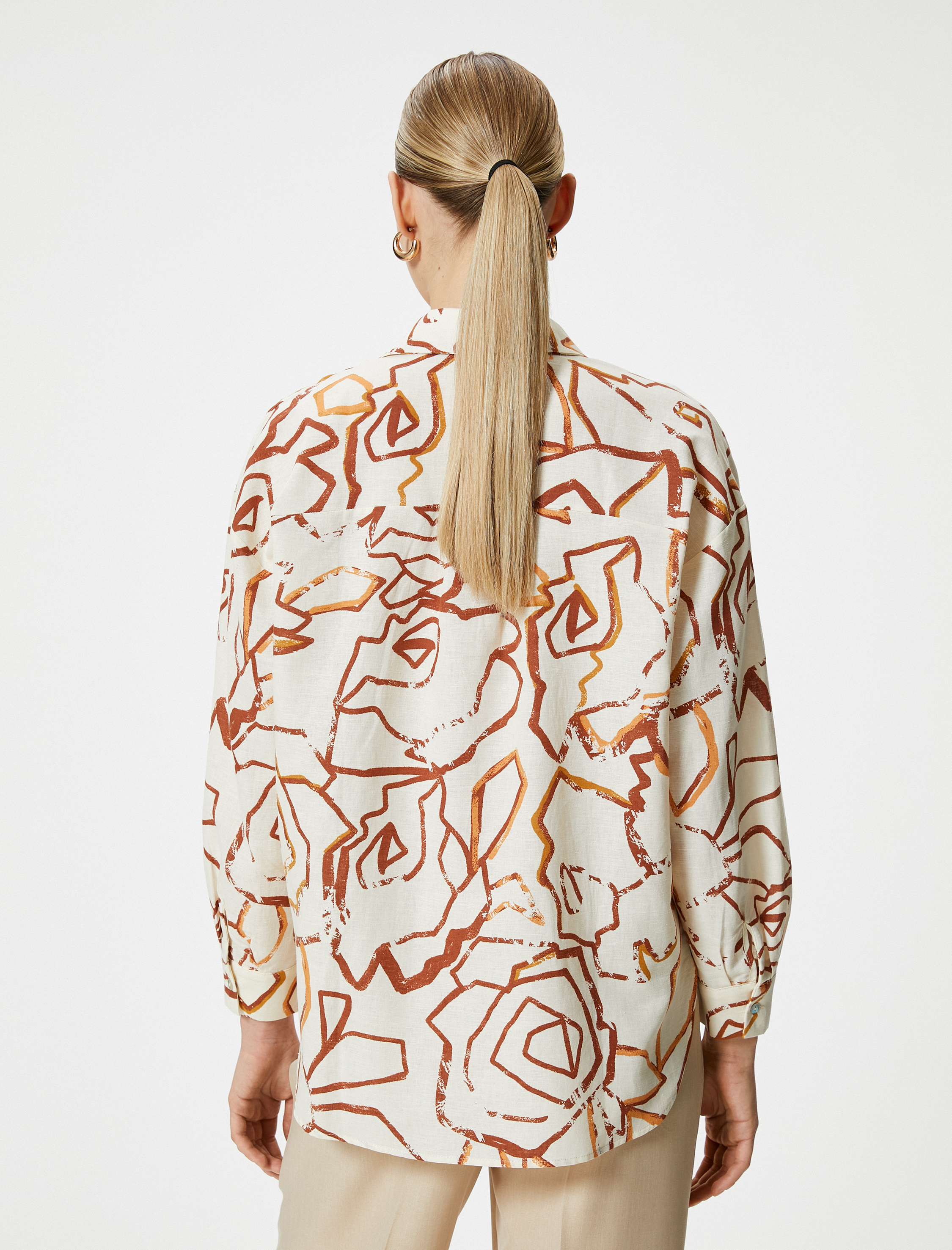 Uzun Kollu Gömlek Keten Pamuk Karışımlı Desenli Düğmeli