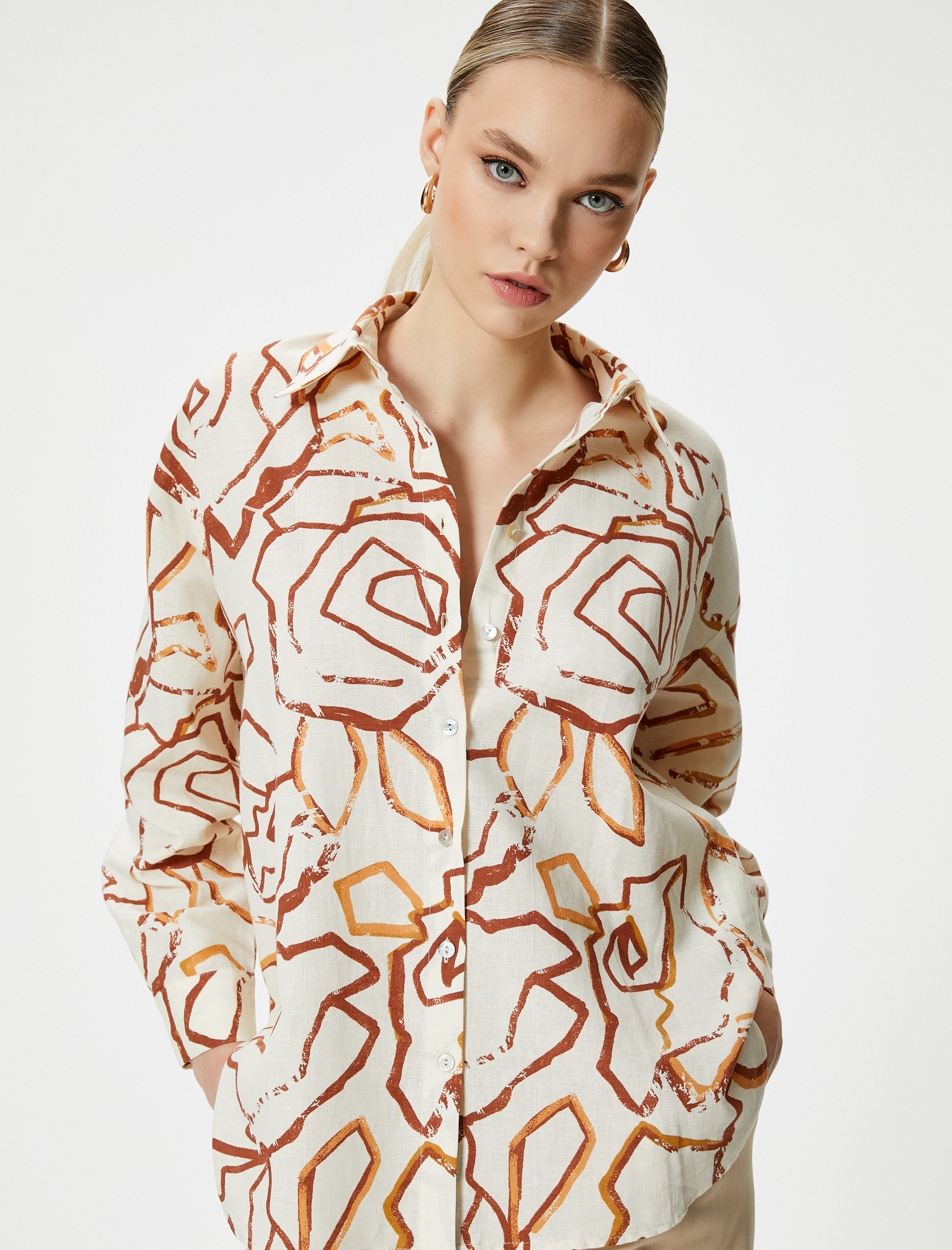 Uzun Kollu Gömlek Keten Pamuk Karışımlı Desenli Düğmeli