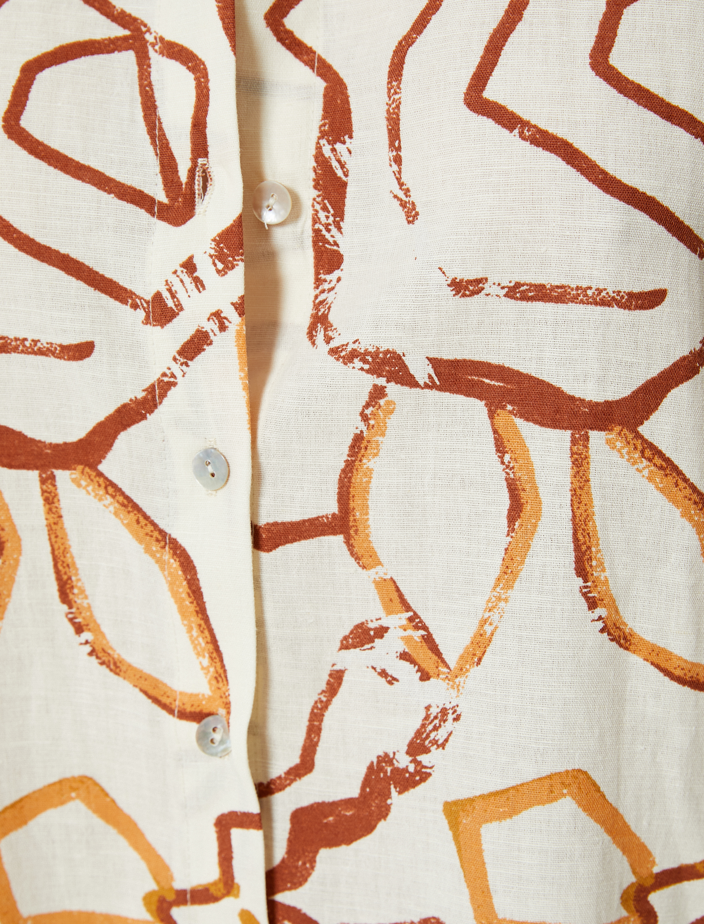 Uzun Kollu Gömlek Keten Pamuk Karışımlı Desenli Düğmeli