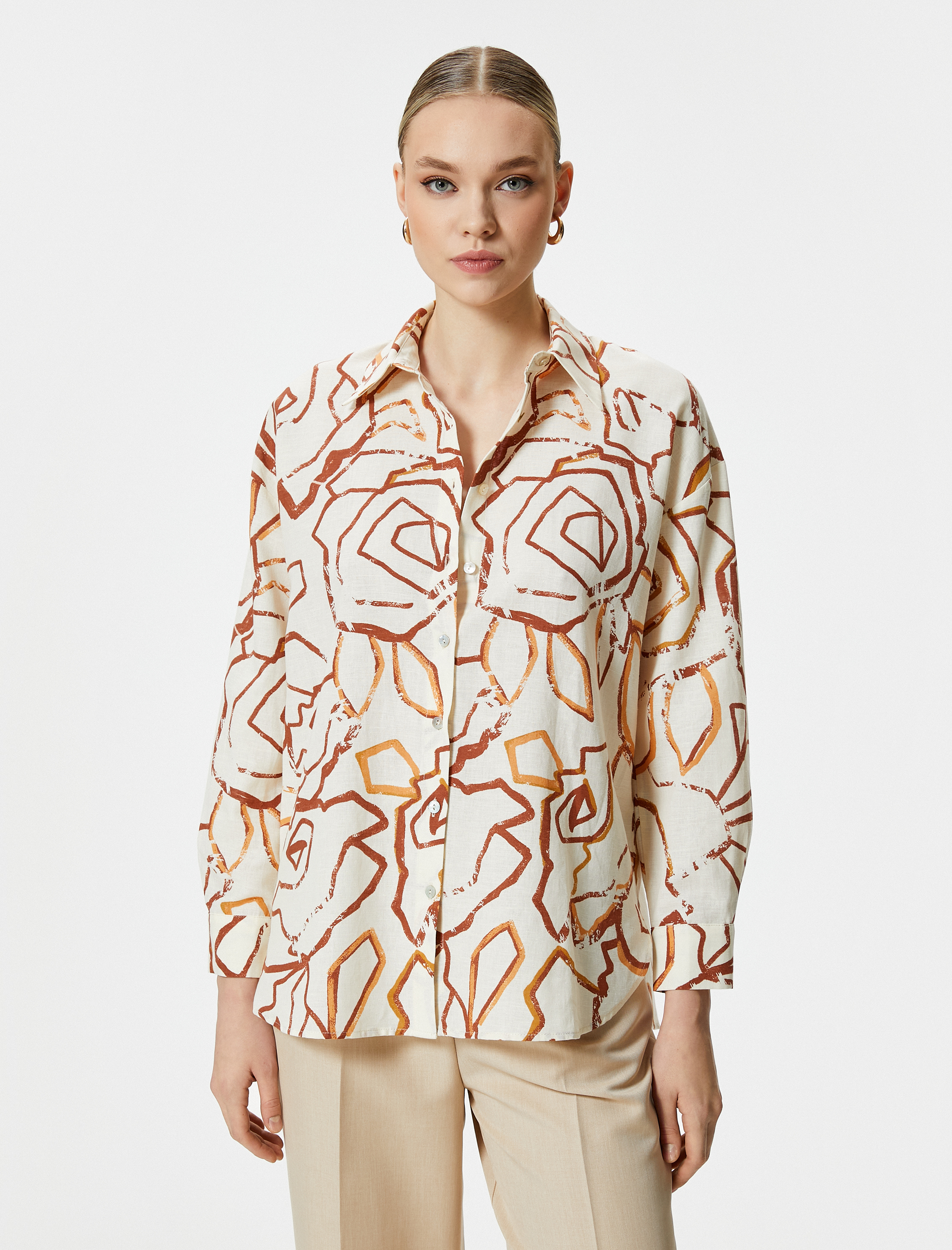 Uzun Kollu Gömlek Keten Pamuk Karışımlı Desenli Düğmeli