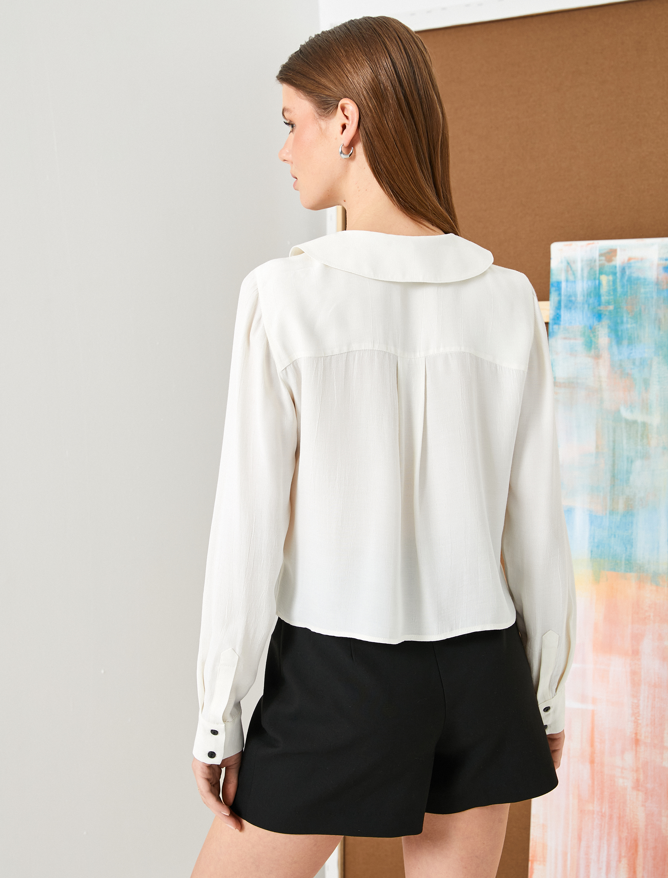   Bebe Yaka Gömlek Kurdele Detaylı Düğmeli Uzun Kollu Viskon