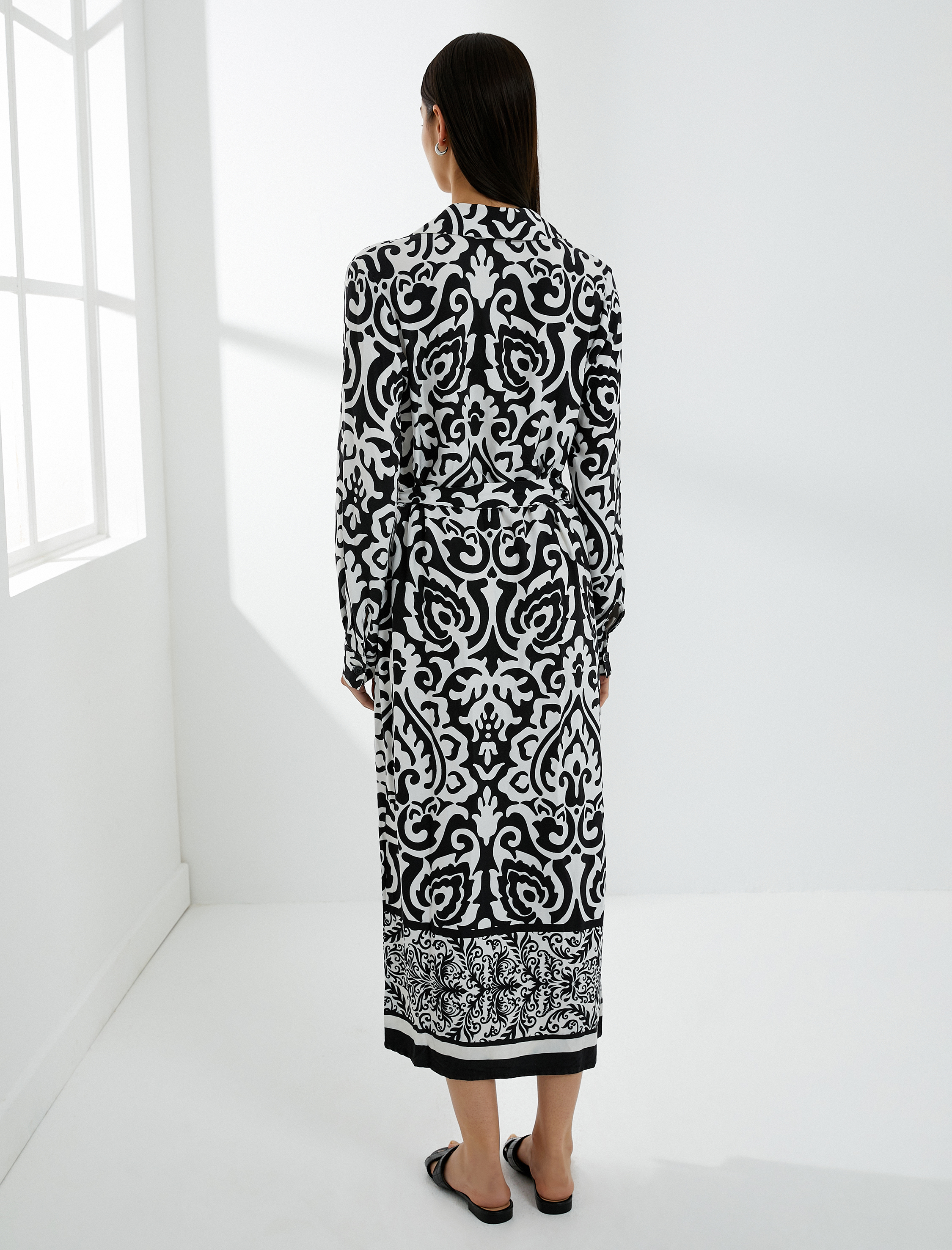   Midi Boy Gömlek Elbise Viskon Etnik Desenli Kuşaklı Düğmeli Uzun Kollu