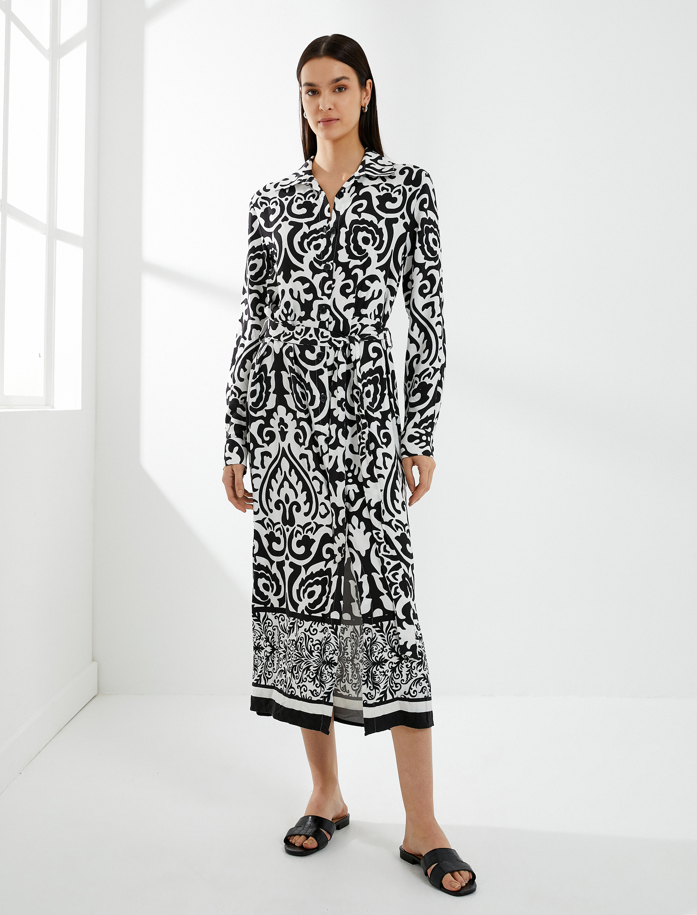   Midi Boy Gömlek Elbise Viskon Etnik Desenli Kuşaklı Düğmeli Uzun Kollu