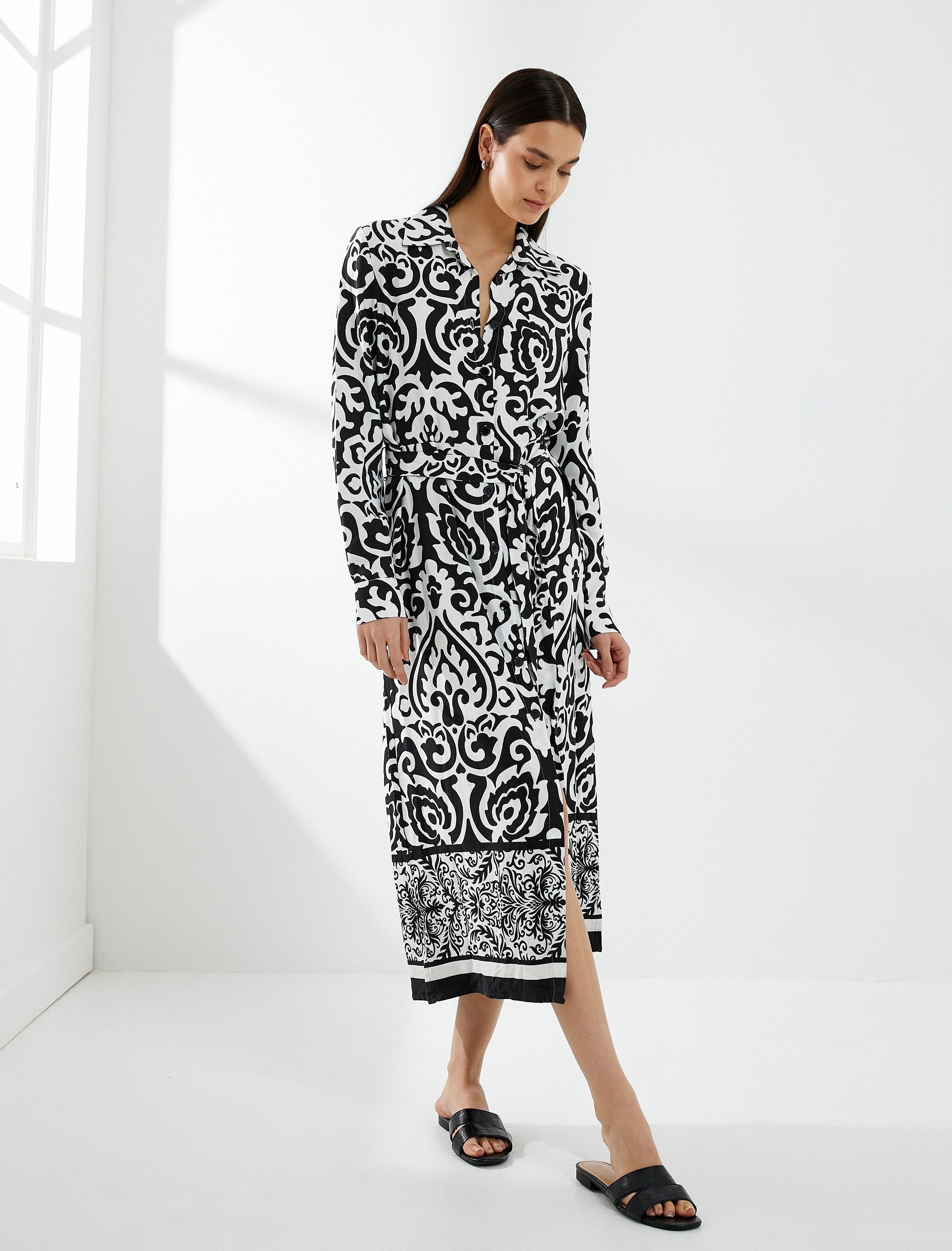   Midi Boy Gömlek Elbise Viskon Etnik Desenli Kuşaklı Düğmeli Uzun Kollu