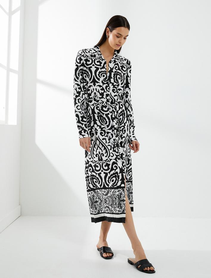  Midi Boy Gömlek Elbise Viskon Etnik Desenli Kuşaklı Düğmeli Uzun Kollu