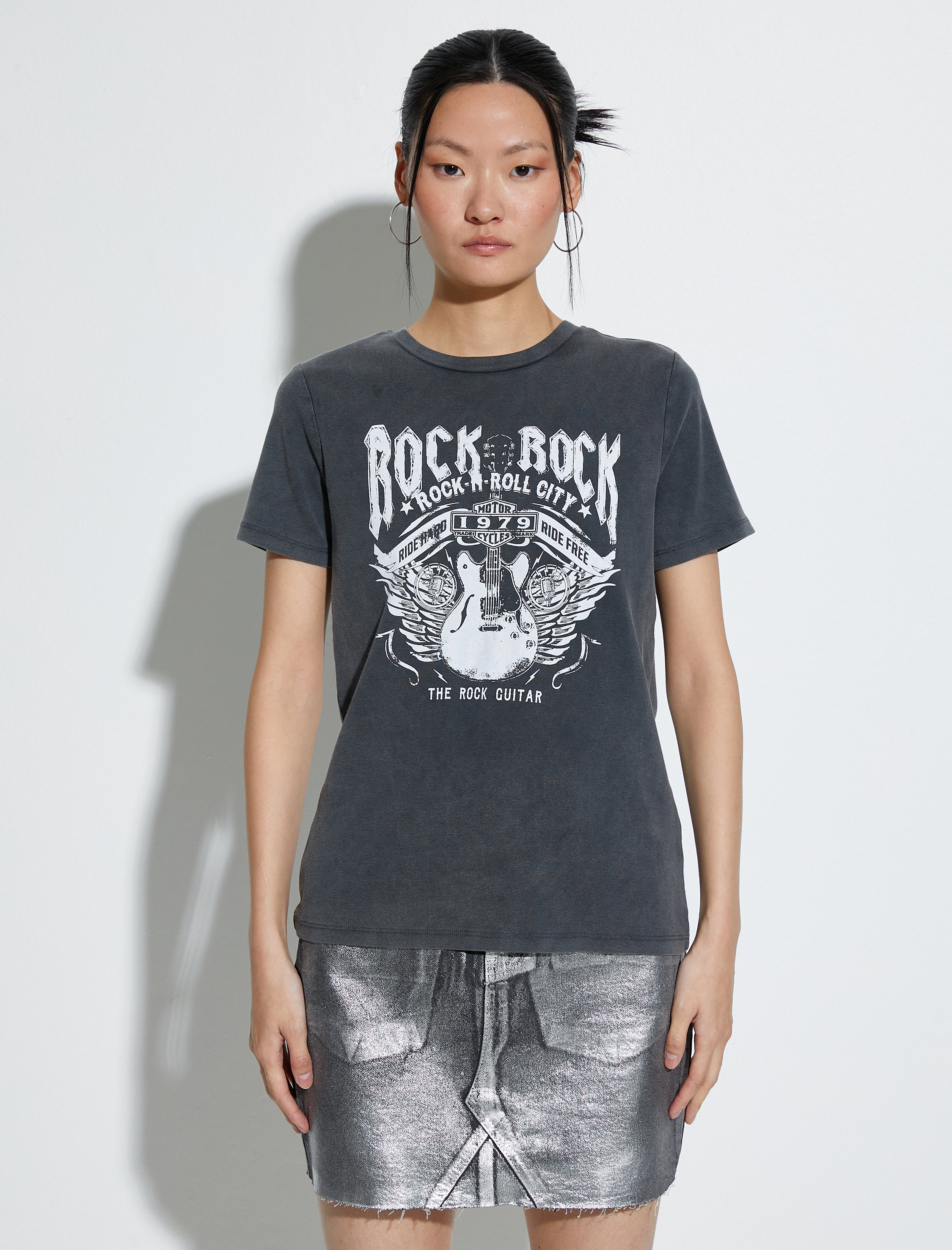   Slogan Baskılı Tişört Kısa Kollu Bisiklet Yaka Pamuklu