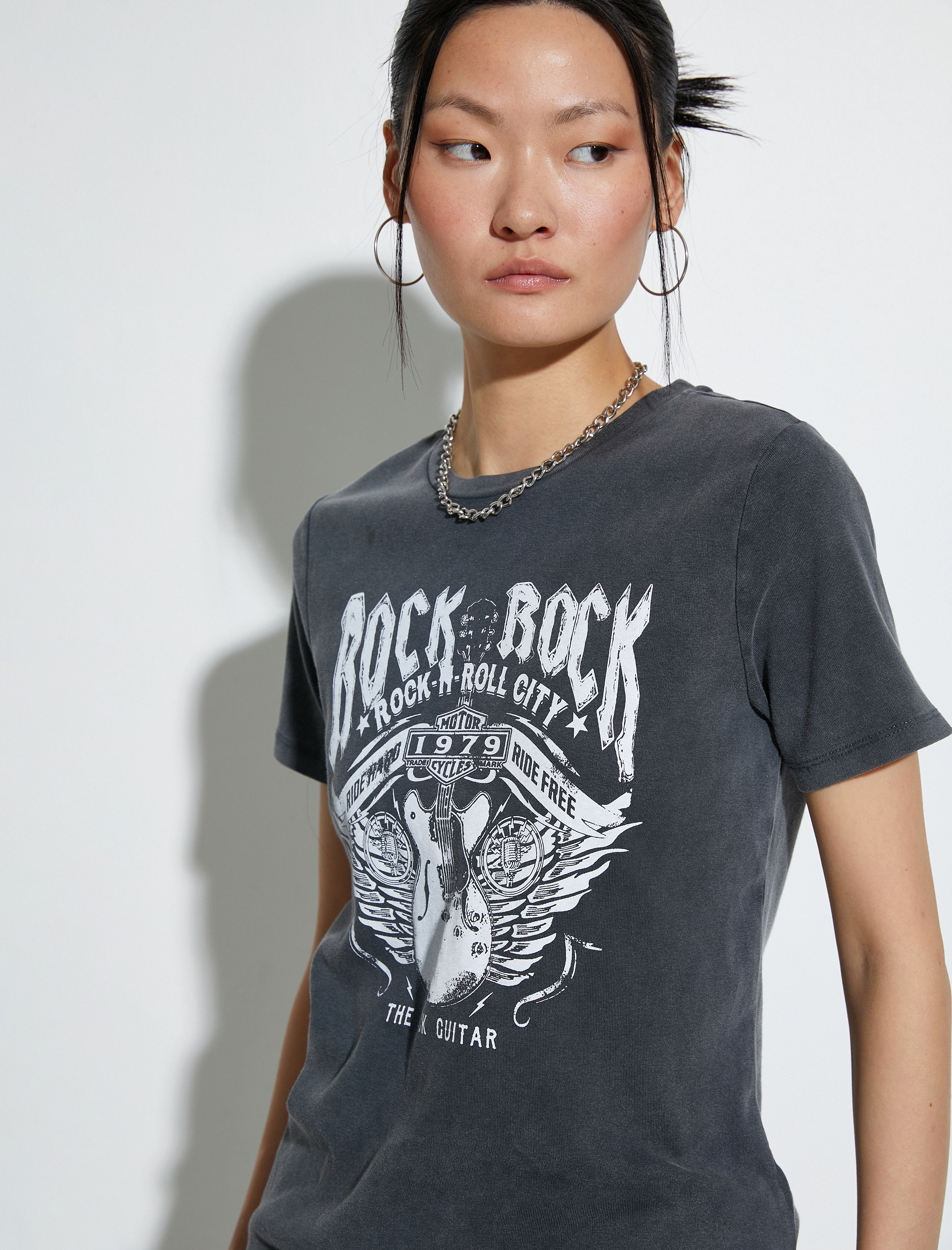   Slogan Baskılı Tişört Kısa Kollu Bisiklet Yaka Pamuklu