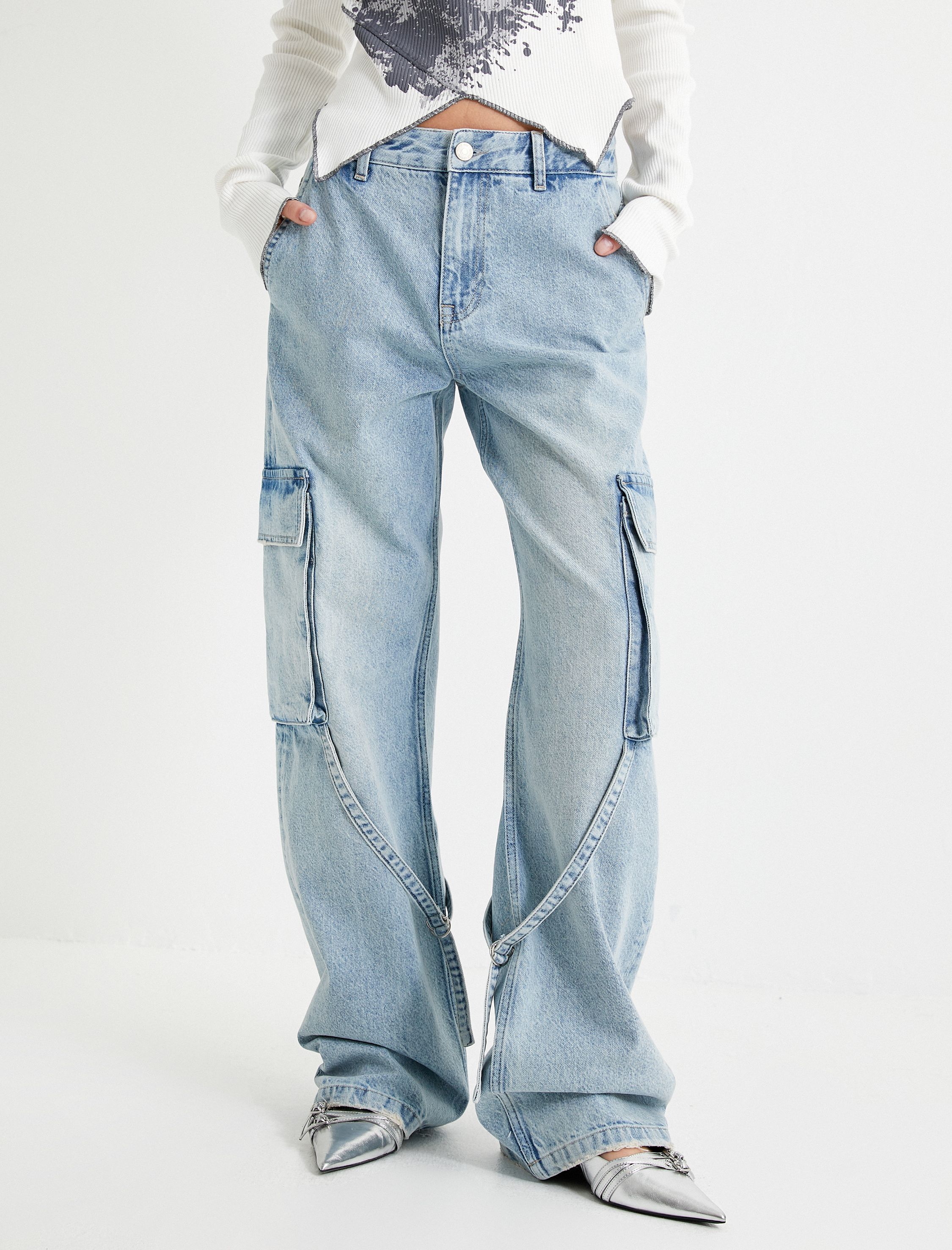   Straight Jean Kargo Kot Pantolon Geniş Düz Paça Cepli Pamuklu - Nora Jean