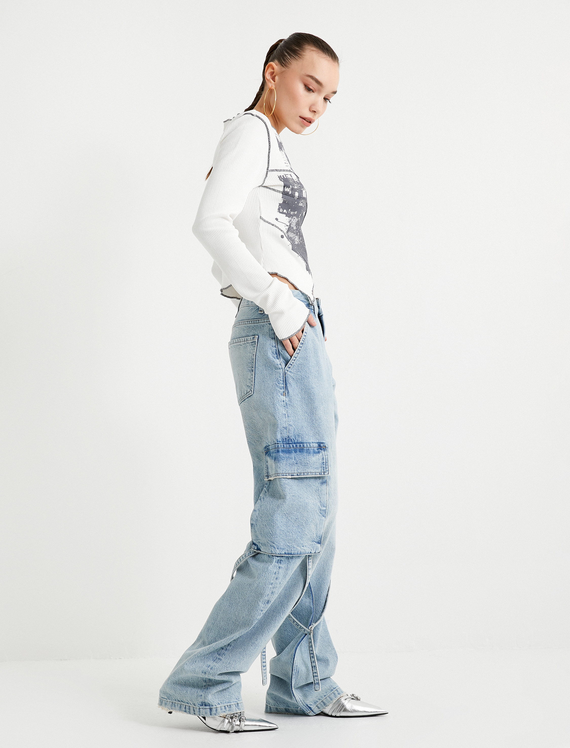   Straight Jean Kargo Kot Pantolon Geniş Düz Paça Cepli Pamuklu - Nora Jean