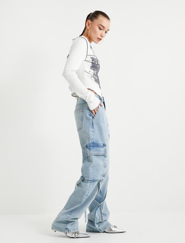  Straight Jean Kargo Kot Pantolon Geniş Düz Paça Cepli Pamuklu - Nora Jean