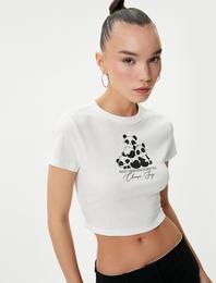 Baskılı Crop Tişört Kısa Kollu Bisiklet Yaka Pamuklu Slim Fit