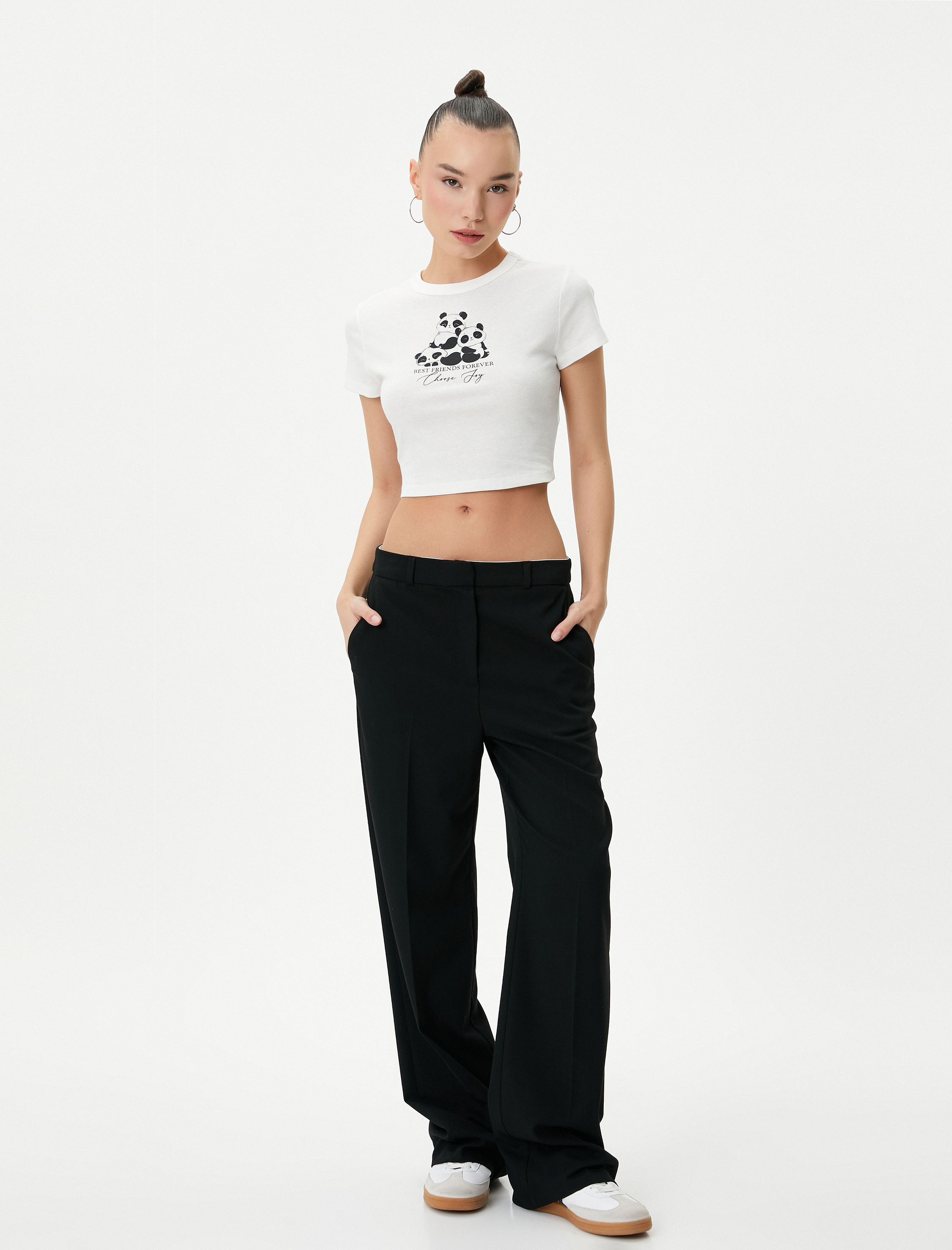   Baskılı Crop Tişört Kısa Kollu Bisiklet Yaka Pamuklu Slim Fit