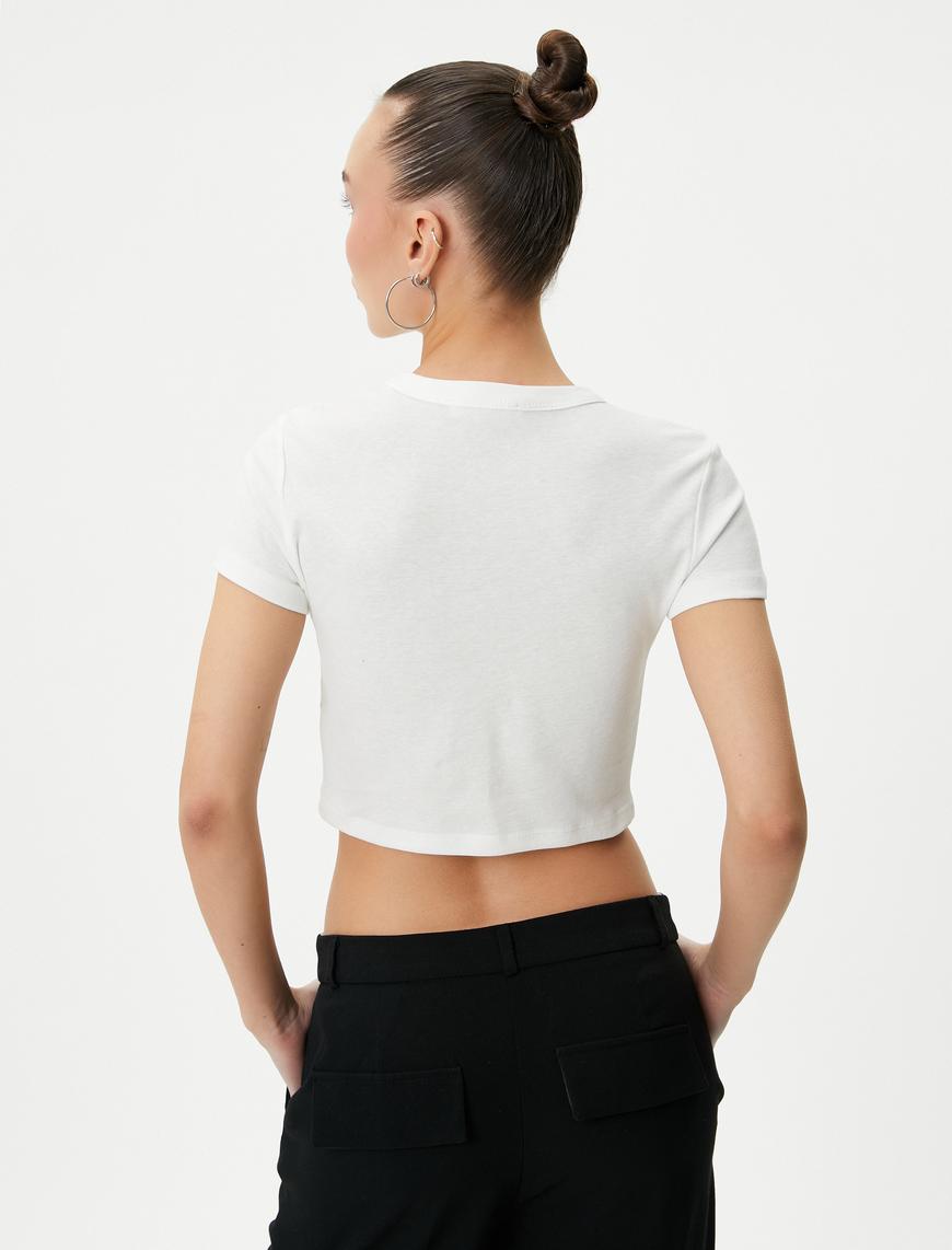   Baskılı Crop Tişört Kısa Kollu Bisiklet Yaka Pamuklu Slim Fit