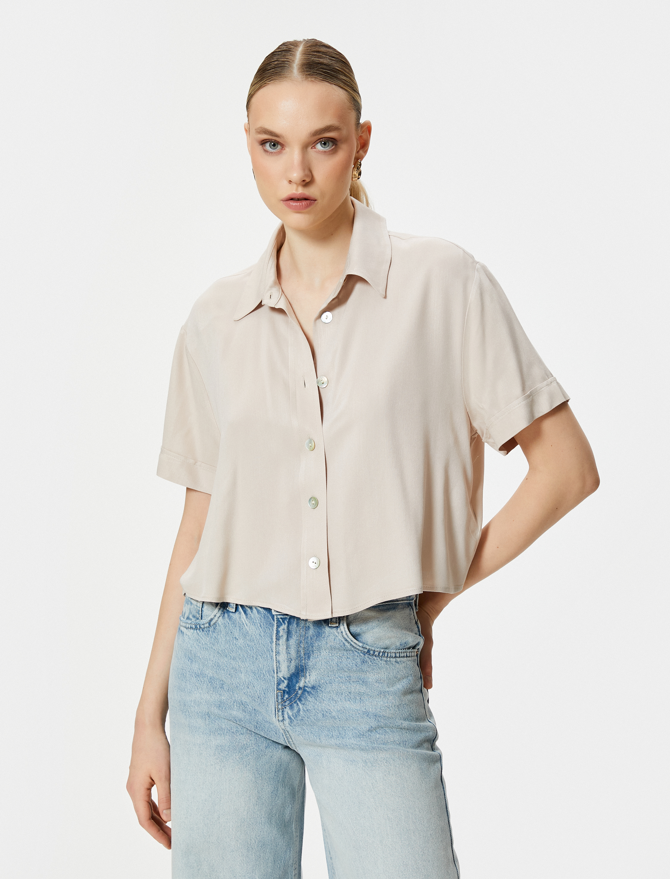   Crop Gömlek Kısa Kollu Klasik Yaka Düğmeli Viskon