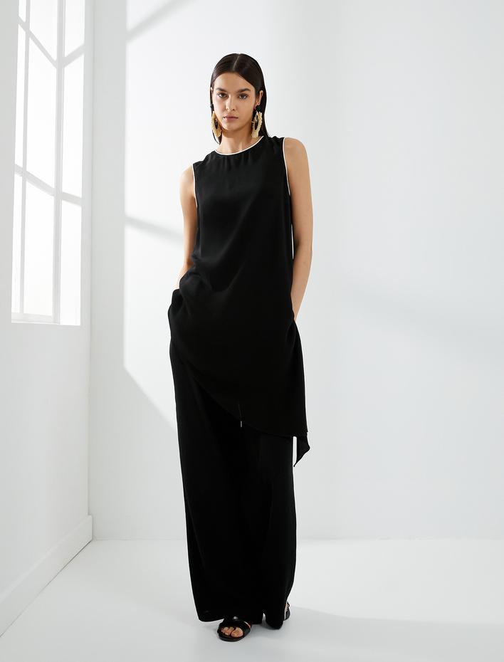  Asimetrik Bluz Kolsuz Kontrast Biye Detaylı