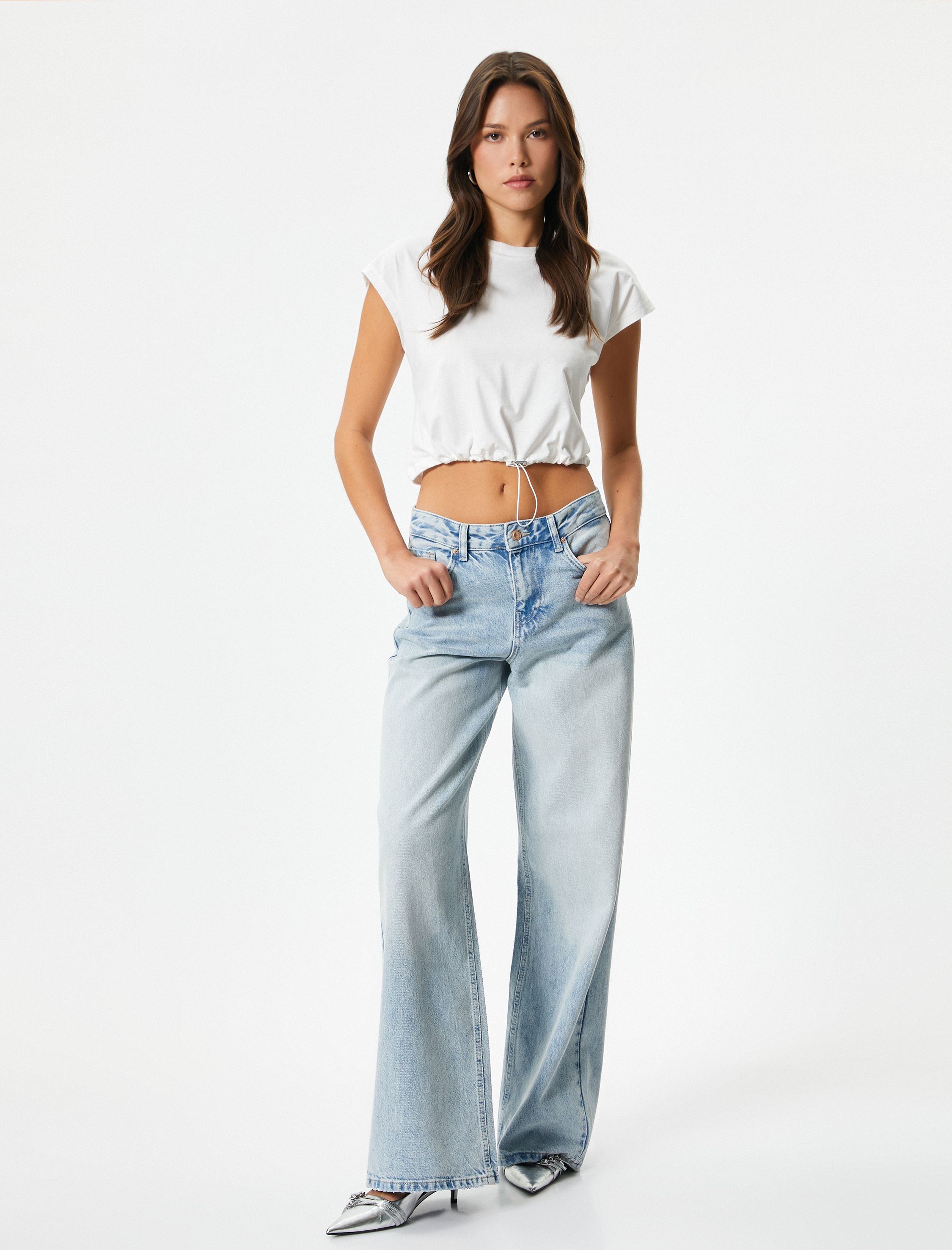   Crop Tişört Bisiklet Yaka Kısa Kollu Beli Bağcıklı Pamuklu